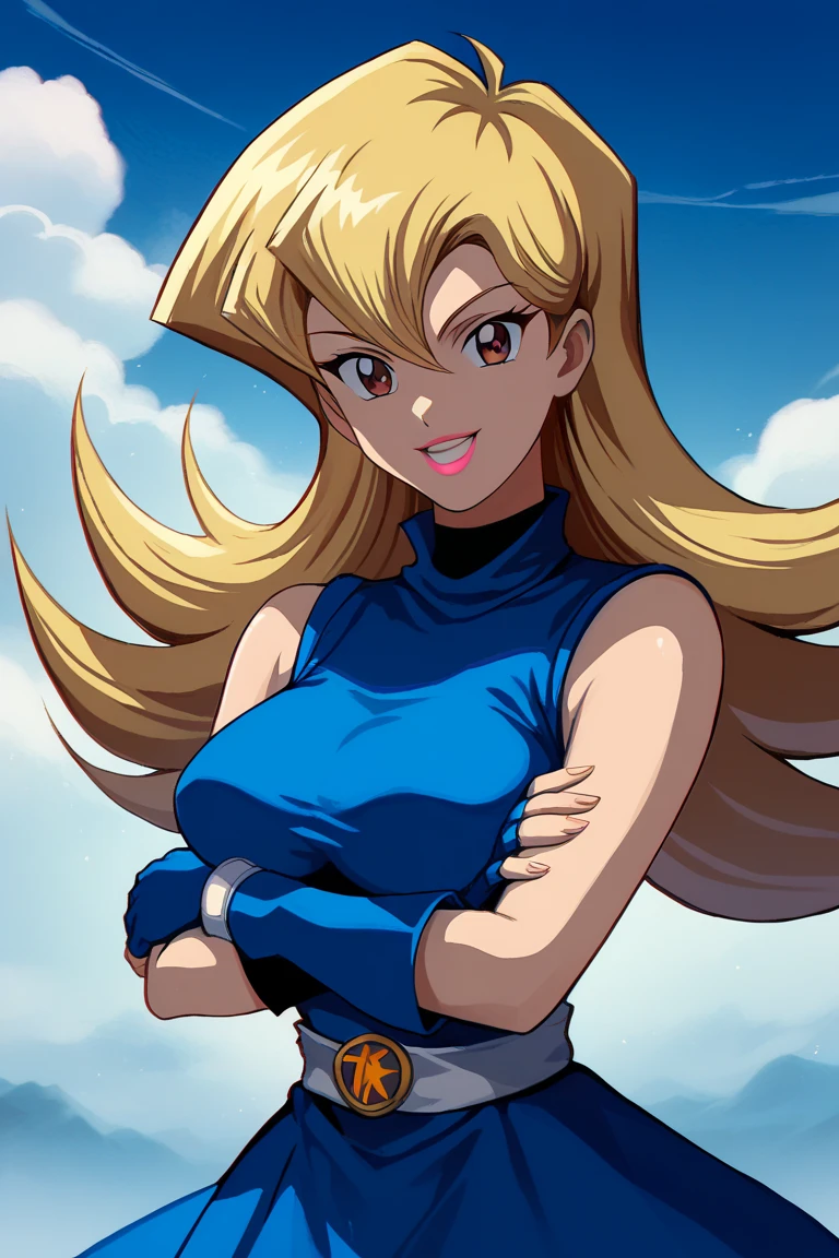 PonyXLV6_Scores BREAK (1980s (style), retro artstyle, perfect anatomy, perfect eyes, cowboy shot), BREAK Yu-Gi-Oh! GX Alexis Rhodes, 1girl, solo, blonde hair, brown eyes, hair between eyes, long hair, big breasts, pink lipstick, smile, cute anime eyes,  duel academy uniform \(yu-gi-oh! gx\), hair between eyes, long hair, looking at viewer, shiny, shiny hair, sky, sleeveless, sleeveless shirt, turtleneck, blue skirt, gloves, fingerless gloves, crossed arms