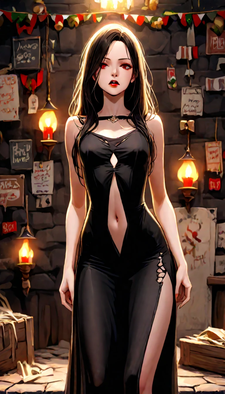 4K,    high resolution   ,    hot girl, Cutie,  Compose , 1 girl,     cutout on the chest to the navel    , long hair , dungeon, panties,   black dress ,  compose, red lips, decorations.  prostitute ,  thin waist, witch