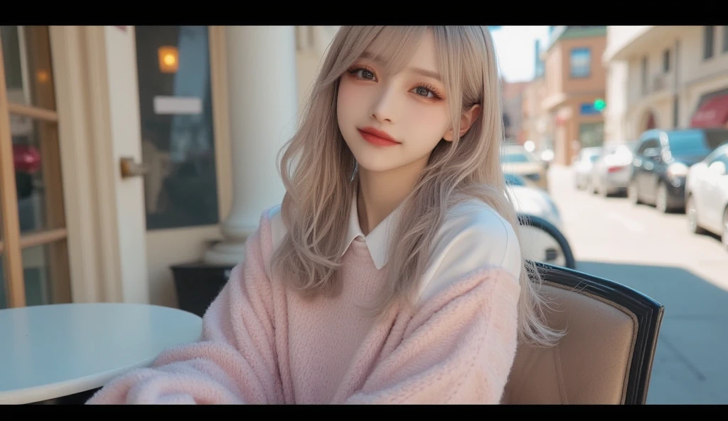 (masterpiece,  best image quality , 8k), Real photo,Idol appearance,  mature adult,  perfection of fashion,  Korean Makeup, Lip Tint,  full body,frontal,Outdoor, Sitting in a chair with a pleasant smile , Busy City Streets,Cafe Street ,Outdoor테라스,의자에 앉아있다, Realistic,  ultra high definition,pictorial, Standup,  out of focus background, Solo, female,bright weather,No hair accessories,model,busy city ,random hair , casual costume , platinum blonde hair