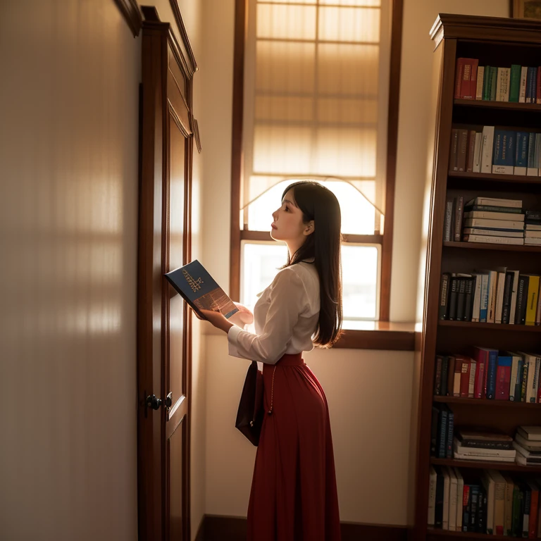 Luna stops in front of a bookshelf where she finds Josh, un chico de aspecto amable, also looking for books.
