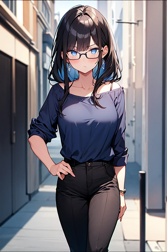 melhor qualidade, high resolution, e18, 1 garota, android 18, garota sozinha, 1 garota, Cabelo loiro, olhos azuis, cinto, salto alto, saia preta justa de lycra, colar de ouro, Blusa branca, cabelo curto, dark blue sweater, brincos, reading glasses, medium breasts, tiro de vaqueiro, montanhas, sempre em frente, (clima: chovendo e ventando), corpo molhado, sorriso sexy, Postura de combate, meias altas, garter cinto, Battle ruins, quadris largos, pernas grossas, roupas rasgadas, punhos fechados, grampo,
