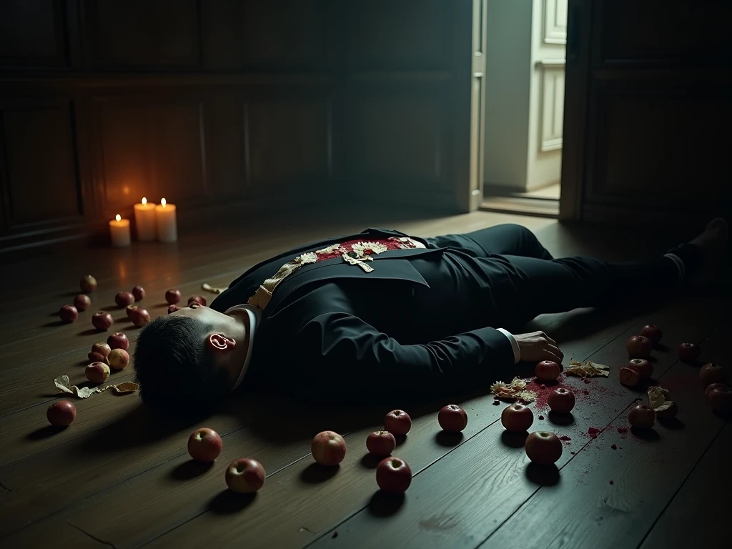 an old man laying on the floor, his head is cracked, blood, oil painting, reddish tones, chiaroscuro lighting, dramatic moody atmosphere, cinematic composition, masterpiece, ultra-detailed, photorealistic, 8k, best quality
