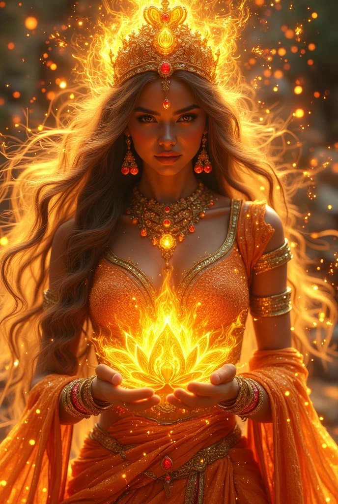 Create an intricate, hyper-realistic surreal illustration of a fiery and radiant Indian goddess, embodying the essence of fire and glow. Surround her with a blazing aura of golden and crimson flames, seamlessly blending with a twilight sky streaked with fiery hues. Her saree, crafted from glowing embers, flows like molten lava, while sparks trail her every movement. Her hair cascades in waves of burning gold, shimmering with radiant light. A radiant crown of flames adorns her head, and her glowing hands hold a luminous lotus, symbolizing creation through fire. Intricate jewelry made of molten gold and glimmering rubies reflects her incandescent energy. The background features glowing patterns of sacred fire, with swirling embers and cosmic sparks adding depth and mysticism to her divine presence.