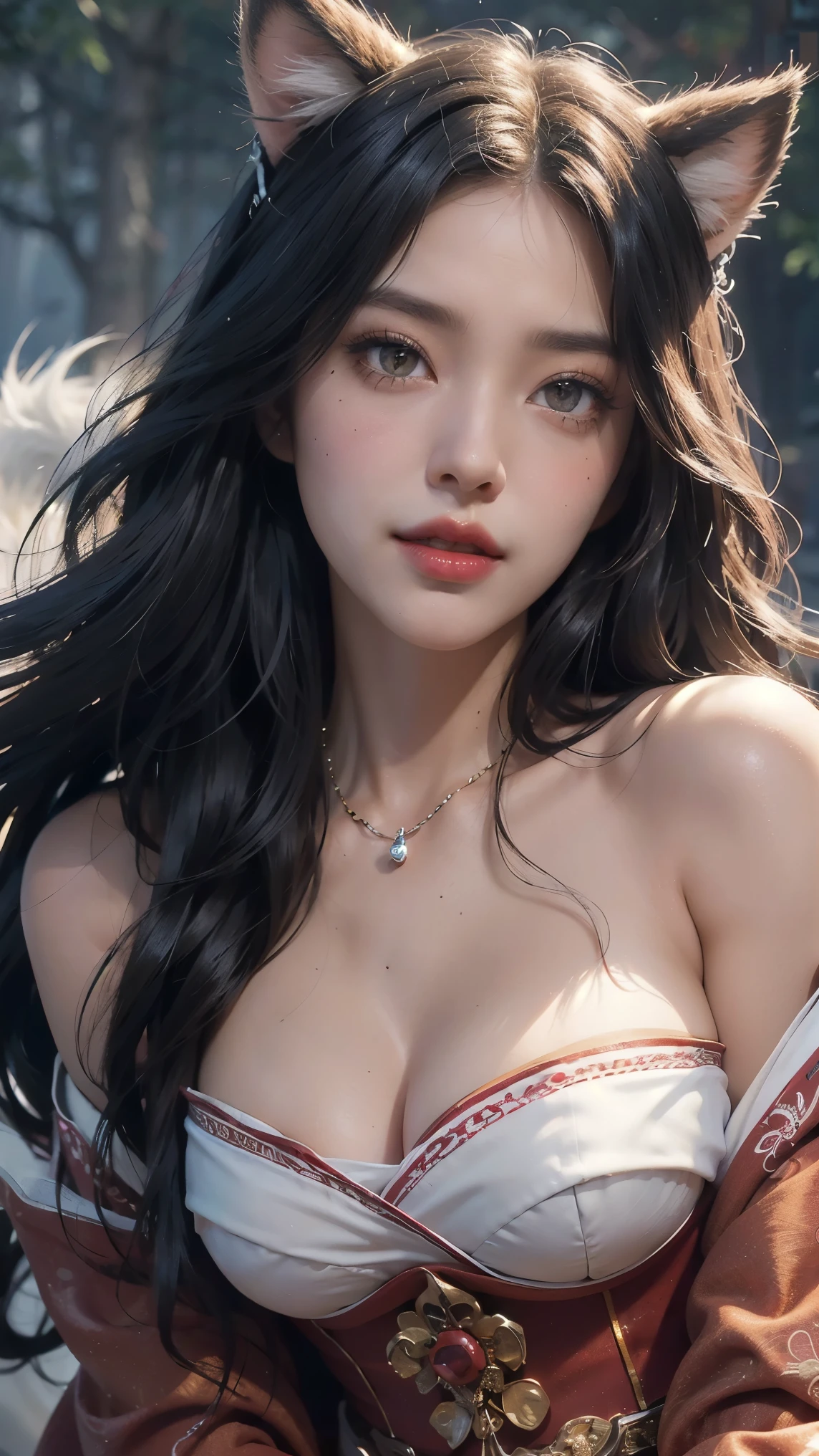 Ahri,(best qualityer,4K,8k,high resolution,work of art:1.2)(weather: night), Mondstadt bay background, japanese dock, japanese clothes, long sleeve kimono top, kimono corset, pleated mini skirt, flower head diadem, white pantyhose, flower embroidery, strap shoes, pearl necklace, fox ears, long fox tail, cheek mole, whisker-like marks, long curly hair,  black hair, ultra detailed, realistic, portrait,beautiful detailed golden yellow eyes with slit-shaped pupils, eyes,blush,beautiful detailed lips,extremely detailed eye and face, long eyelashes,sexy,average, large breasts,beaming smile, sexy smile,powerful girl, joyful pose, stunning curves, bright coloured,dramatic lighting, starry night,