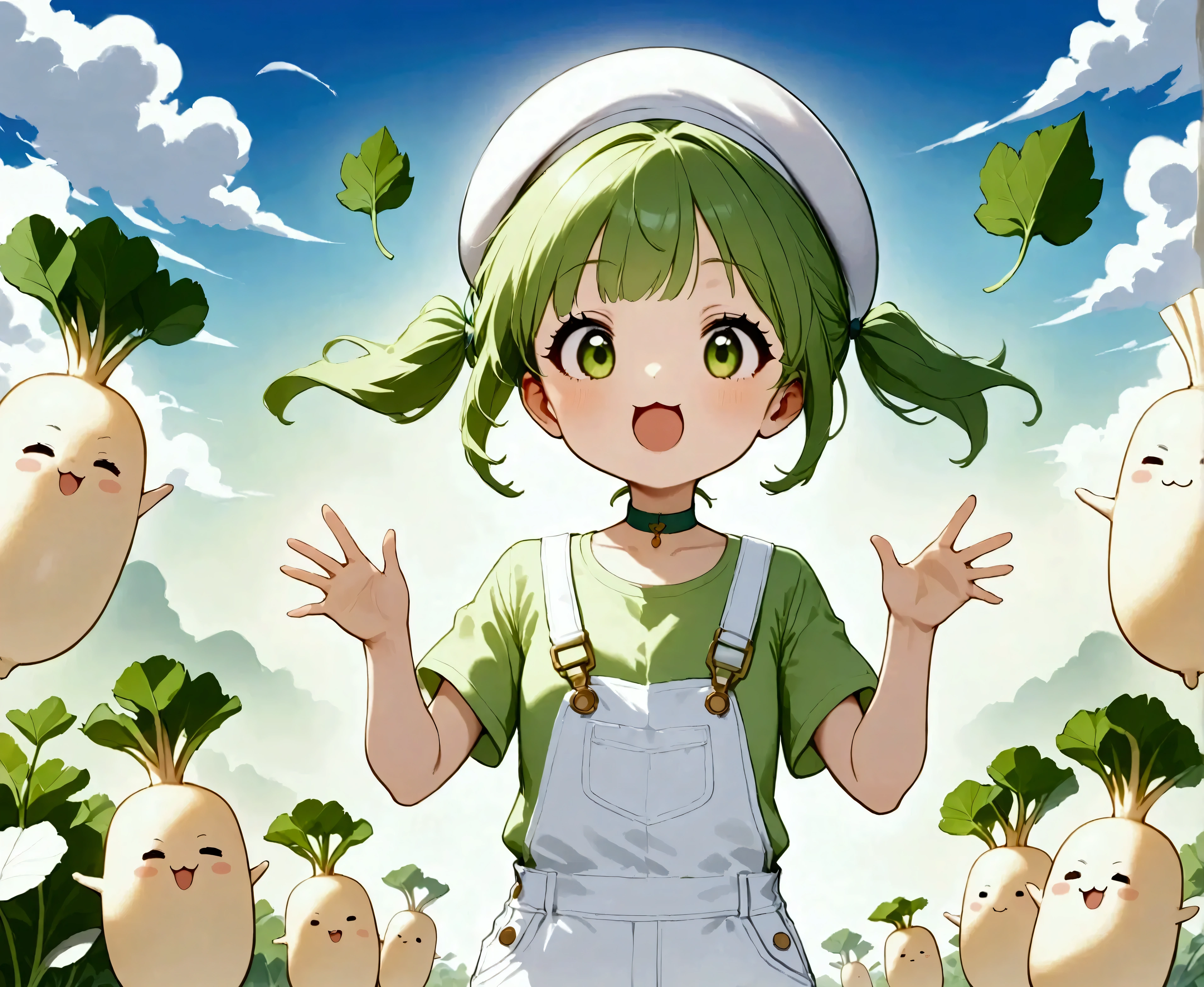 DKG ,  cute girl,  little character, (( daikon leaves growing))White Beret,  short green twin tails .  :1.2, Green T-shirt,  white overalls , Green choker,  mouth, Surprised:1.2, Beautiful blue sky,  daikon field background .