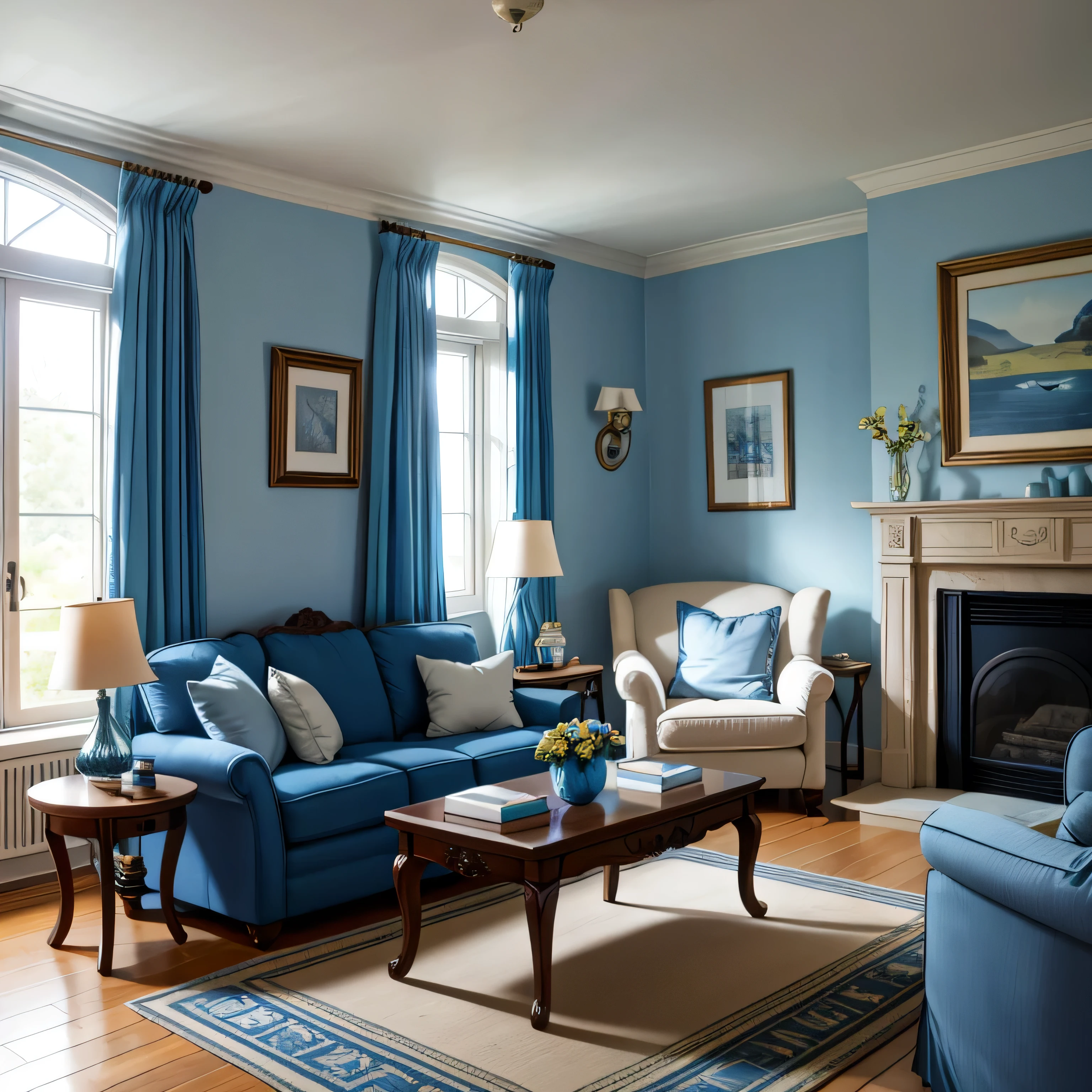  room with a mediterranean interior 　Blue only color scheme　 Light blue floor　  deep blue sofa  　blue table and chairs　 Stone House　 I can see the blue ocean from the window　 This room is a living room  