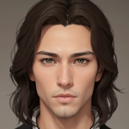   There is a man    ( mature and anorexic )    26 years old ,         with long hair and white suit         , asistente hiper        realistic        , sujeto hiper        realistic        , Chico anime joven        realistic        ,        anime style realism        , estilo de arte anime        realistic        , estilo de arte de anime        realistic        , Estilo anime 3D        realistic        ,        portrait de una chico anime,        artwork in the style of Guweiz       ,       Detailed              portrait de una chico anime, increíble        portrait de rostro de anime . model,       of Asian origin ,  I just saw the spectator        ,        portrait(        realistic        :1.4), (:1.0), Gris eyes ,        squinting eyes      (perfecta) ,     normal eyes (perfect),eyelash(perfecta),shirt, grey suit,  dyed hair (brown ),    perfect hair with   ,       straight hair strands       (perfect), ( secretario professional ), hairstyle type    (Hime, loose), oval and elongated face ,ELONGATED FACE,   triangular chin   , thin face,    slim build   , (      Detailed      , ultra ,,-      Detailed      , high       Detailed      , ultra        realistic        8K CG,        perfect artwork , lyrical), wooden table , flores, Internal,            expression(carefree, Serious) ,       no earning, film, bokeh, professional, 4k,        Dynamic and very detailed lighting      , fotor        realistic        , 8K, raw, rico,      intricate details   , without mustache