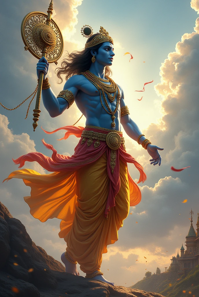Krishna blue skin walking in his right hand having ukrain flag