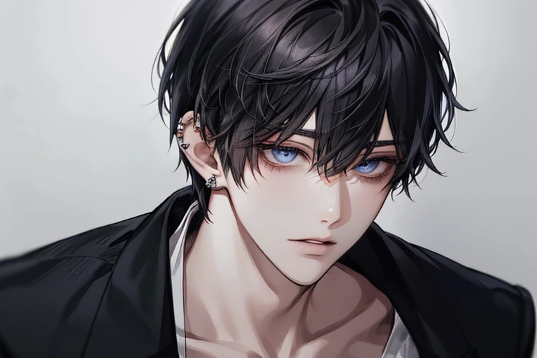 male, student,Short cut,Black hair, blue eyes , with bangs , good-looking,Korean fashion, Korean,한국 student, high resolution, naturally , Very delicate face , ear-piercing , blunt,Cool ,1 person,Alone