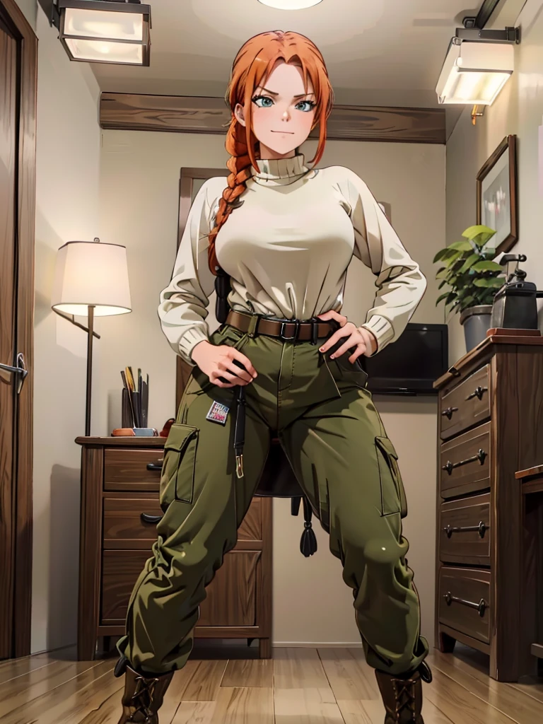 (best quality,4k,8k,highres,masterpiece:1.2),ultra-detailed,realistic:1.37,portrait, anthro very sexy  girl lesbian redhead, braided hair, beautiful green eyes, seductive, warm sweater, hants to unzipped camouflage pants, army belt, army boots, smirking, cozy lighting, vibrant colors. Futanari, lewd,    night, crotesc , 