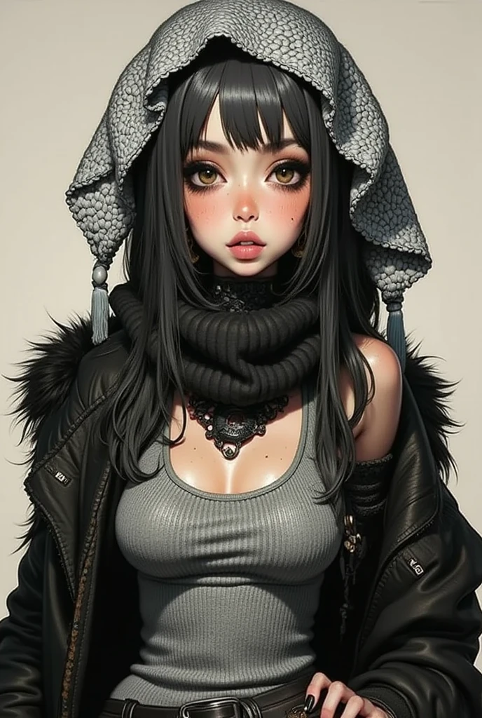 ((Full body portrait)), woman wearing a large grey knitted scarf over her head, Matija Jama , Trending on Tumblr , Baroque,  wearing a sweater, Interesting outfits, Clothing Details,  wearing a sweater , Detailed clothing,  Texture Details ,  layered texture ,  visible T-back strap  ,  Grey Sweater , In layering、 with fine details,  detailed style , Beautiful texture,  Big Details 
、a woman wearing a  black sweater  and a black scarf,  wear a black sweater , Tumbler, Baroque,  wear a black sweater , Fuzzy Details  ,  A BLACK FLEECE SWEATER  ,  dark sweater ,  black sweater  , fluffy  fluffy fur  , Big details , EXCESSIVE TEXTURE  ,  cardigan  ,  fluffy fur  ,  OLD BLACK COAT  , Crazy Details  , Wear a black tuffle coat 
