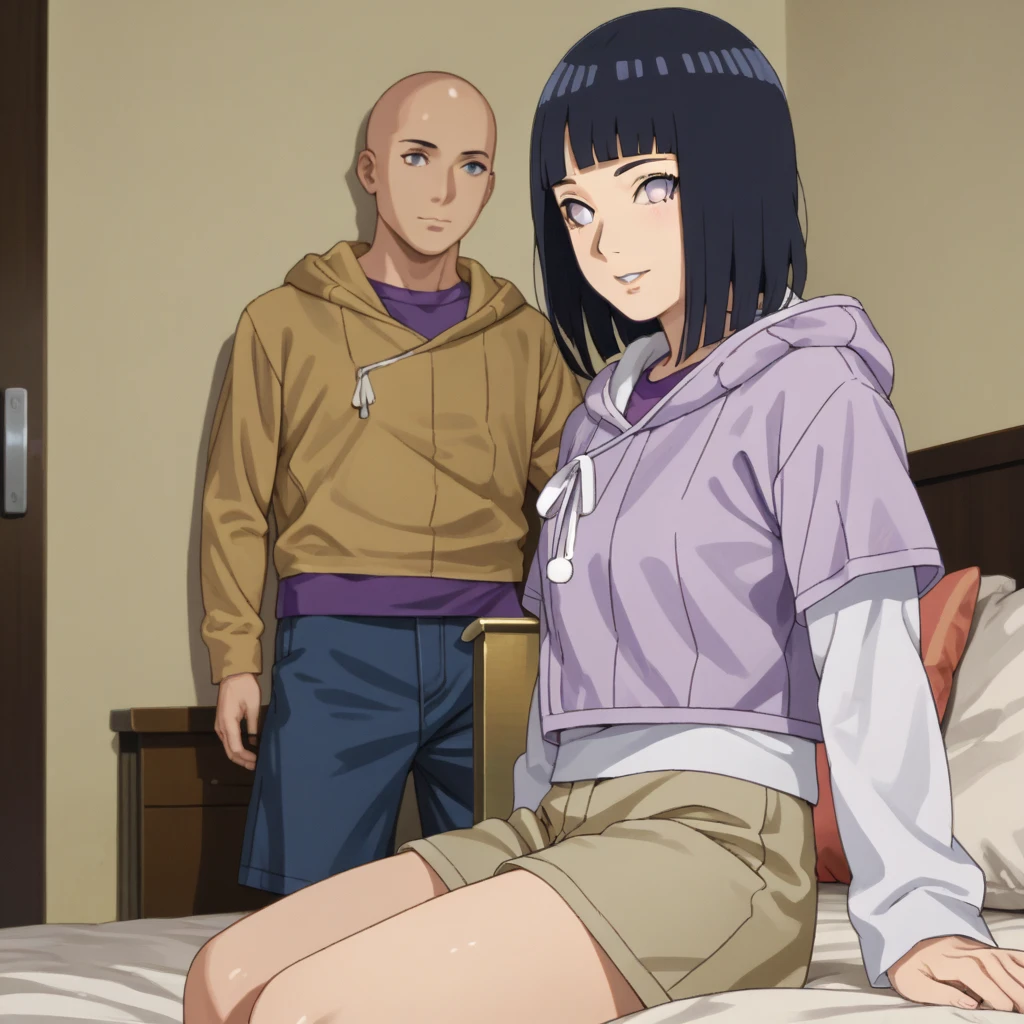 HinataBoruto, 1girl, hyuuga hinata, short hair, black hair, hood down, blunt bangs, purple eyes, short over long sleeves, layered sleeves, skirt, shorts, hoodie, bed, purple shirt, cowboy shot. 1boy, bald_boy, size_difference, bigger male, smaller female, sitting on side, 