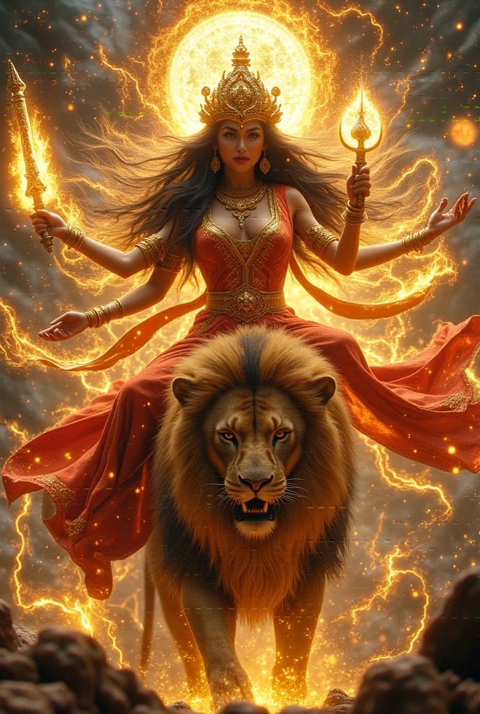 Create an intricate, hyper-realistic surreal illustration of the majestic and awe-inspiring Indian goddess Durga. Depict her with radiant golden skin glowing with divine energy, seated on a fierce, roaring lion amidst a swirling storm of cosmic power. Her multi-armed form holds celestial weapons—trident, sword, discus, and conch—each gleaming with an otherworldly light. She wears a flowing, crimson-and-gold saree that glimmers like molten sunlight, accentuated by intricate patterns of sacred symbols. Her hair cascades in waves of midnight black streaked with glowing streaks of gold, flowing as if caught in a divine wind.

Adorn her with ornate jewelry made of celestial gems that shimmer with the brilliance of stars, and a crown shaped like the rising sun radiating luminous energy. Surround her with swirling, vibrant hues of orange, red, and gold, representing her fiery aura, contrasted with flashes of electric blue and violet to signify her cosmic powers. Her eyes, fierce yet compassionate, glow with determination and maternal strength. In the background, depict a celestial battlefield with shattered darkness and glowing divine symbols that echo her victory over chaos, with divine sparks and sacred patterns weaving a story of triumph and divinity.