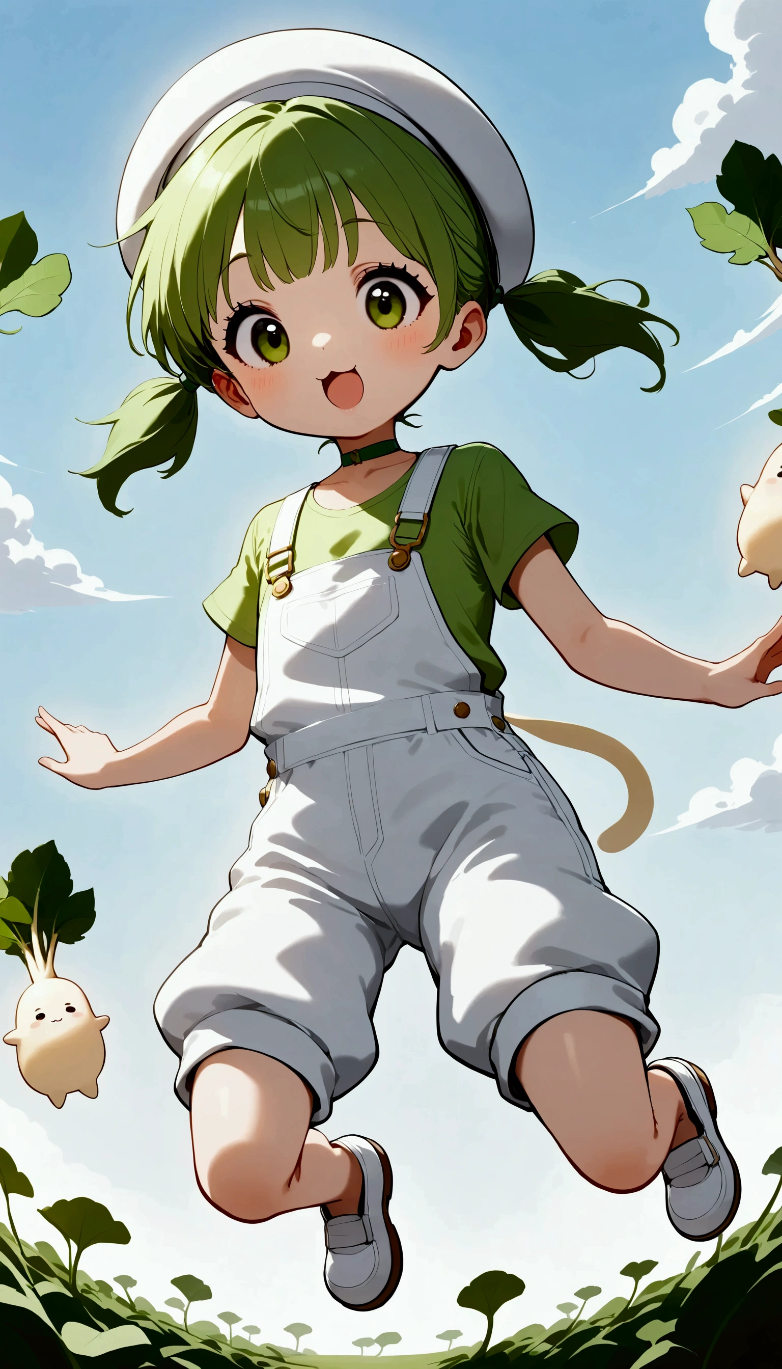 DKG ,  cute girl,   character, (( daikon leaves growing))White Beret,  short green twin tails .  :1.2, Green T-shirt,  white overalls , Green choker,  mouth, Surprised:1.2, Big jump action:1.4,  low angle, Beautiful blue sky,  daikon field background .