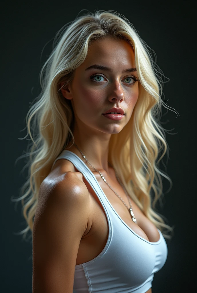 gorgeous woman with extra long wavy blonde hair, detailed alluring eyes, long sexy legs, wearing tiny shorts, t-shirt, ((detailed facial features)), (finely detailed skin), pale skin, realistic skin texture, extreme skin details, (pores:0.1), in the background beautiful futuristic cyberpunk city, best quality masterpiece, photorealistic, hyperrealistic, detailed, 8k, HDR, (Soft color: 1.2), shallow depth of field, broad light, high contrast, backlighting, bloom, light sparkles, chromatic aberration, sharp focus, RAW color photo