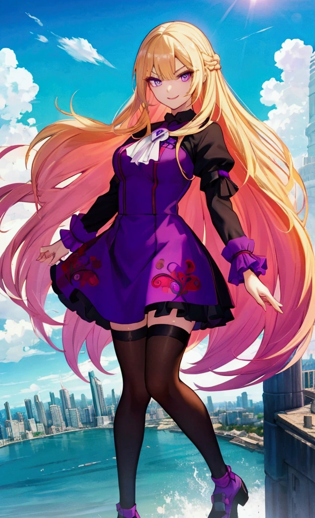  character（Young lady、Mean face、 red eyeliner that makes a striking impression、 Purple Eyes,  has long eyelashes、smile）、Hairstyle（ long hair,  blonde hair ）、clothing（  fashion illustration, wearing black tights 、white and purple ruffle dress、Thighs）、scene（whole body）,　 a huge city floating in the sky,  Town on the Clouds , Cumulonimbus、Summer Scenery,  with the city below , You can see the horizon 