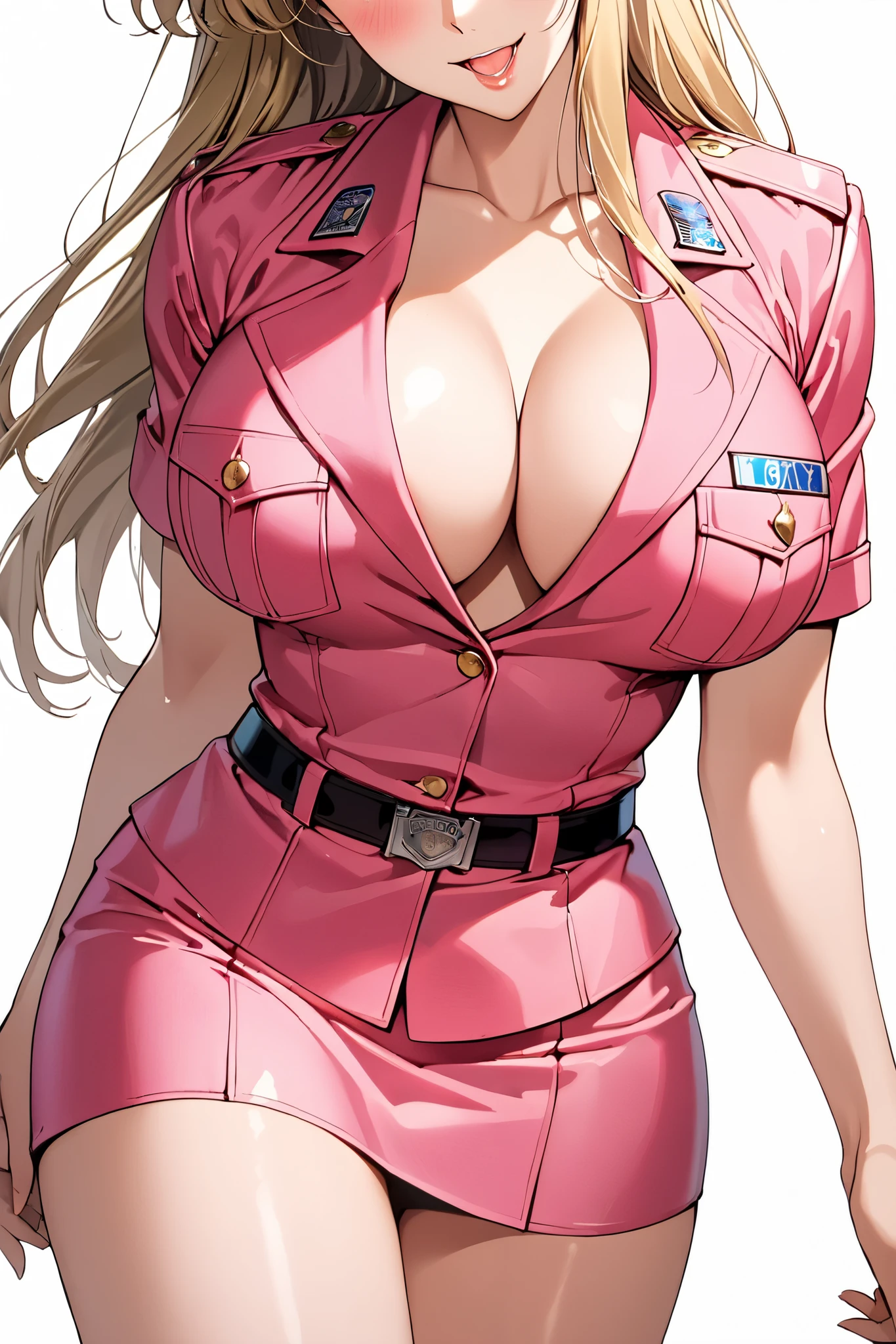 masterpiece, BestQuality, High resolution,16k,official art,super detailed skin,detailed,animated painting,(Akimoto Reiko),1990s \(style\),(G-cup beautiful breasts)、 (tall:1.2),height: 175cm,Fashion model body type、clevage, Sexy long legs,(pink police costume,pink mini skirt:1.2),blondy,long hair,blue eyes,Muscular、1girl,solo,nsfw,sexy,light smile,shy,blush,(vulgarity:1.6)、(Ahegao:1.4),Anime-style painting style,Close up on upper body,Cinematic lighting,Superfine,Seductively Posing,dynamic angle,extreme closeup shot,(simple white background),