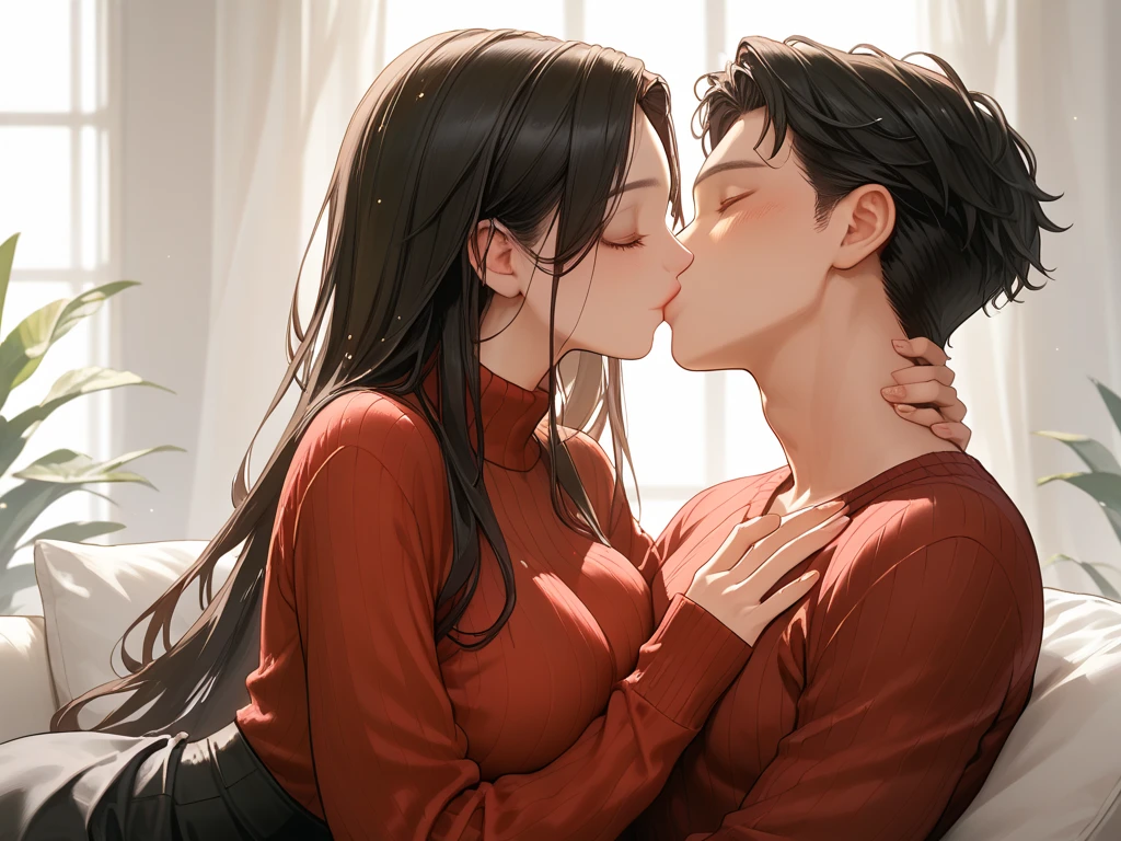 Shirtless boy kissing and making out passionately with a sexy woman with long straight black hair wearing sheer maroon kurta with black embroidery