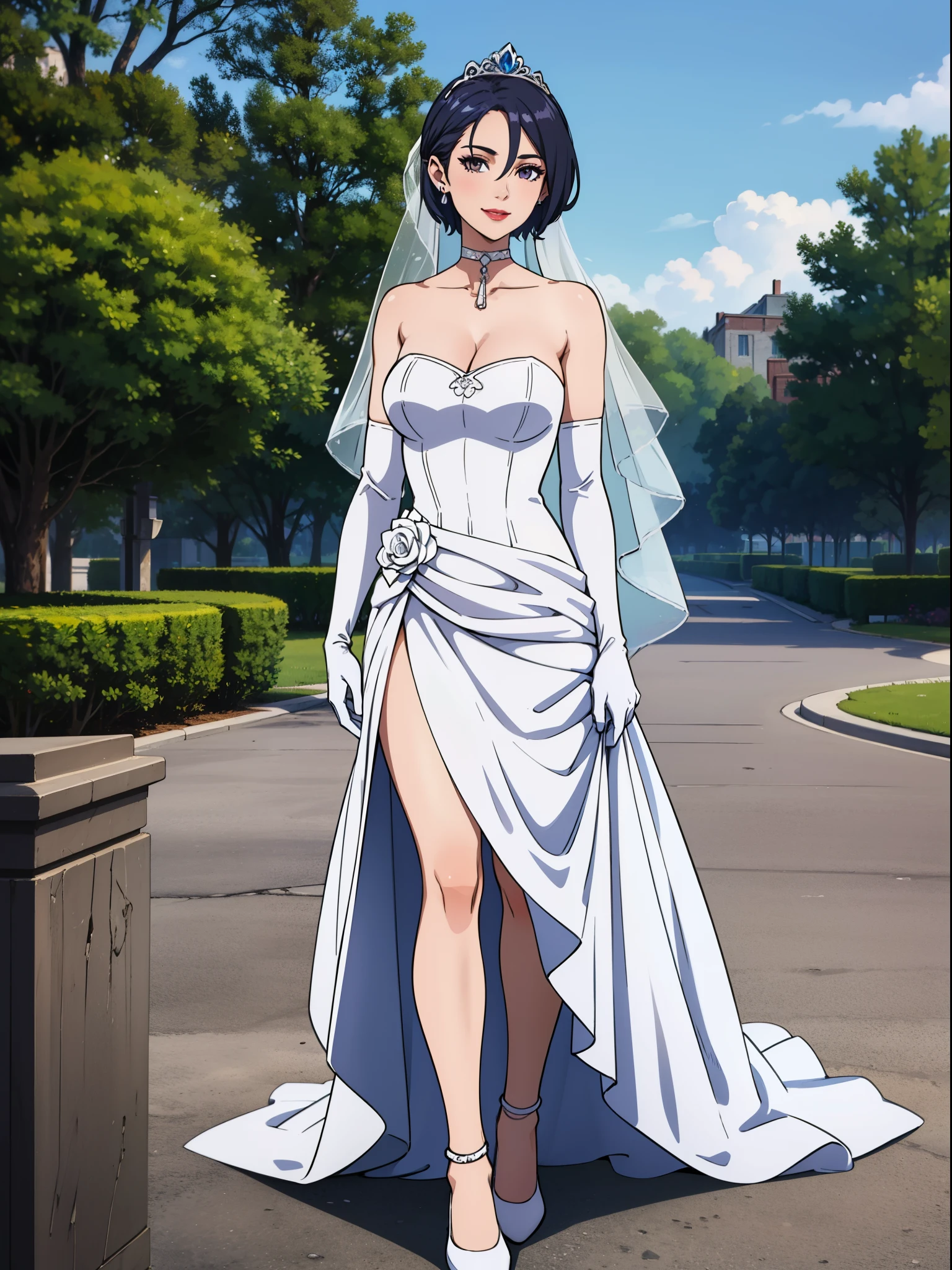 1girl ,defShamir ,short hair ,earrings ,lipstick, eye shadow, makeup, hair between eyes, ahoge, hair ornament, gloves, dress, cleavage, bare shoulders, collarbone, white elbow gloves, white gloves, white dress, strapless, white choker, tiara, veil, strapless dress, wedding dress, bridal veil, beautiful woman, perfect body, perfect breasts, wearing a wedding dress, ball gown,full body ,in the park trees, wedding decorations, looking at the viewer, smile, realism, masterpiece, textured skin, super detail, high detail, high quality, best quality, 1080p,