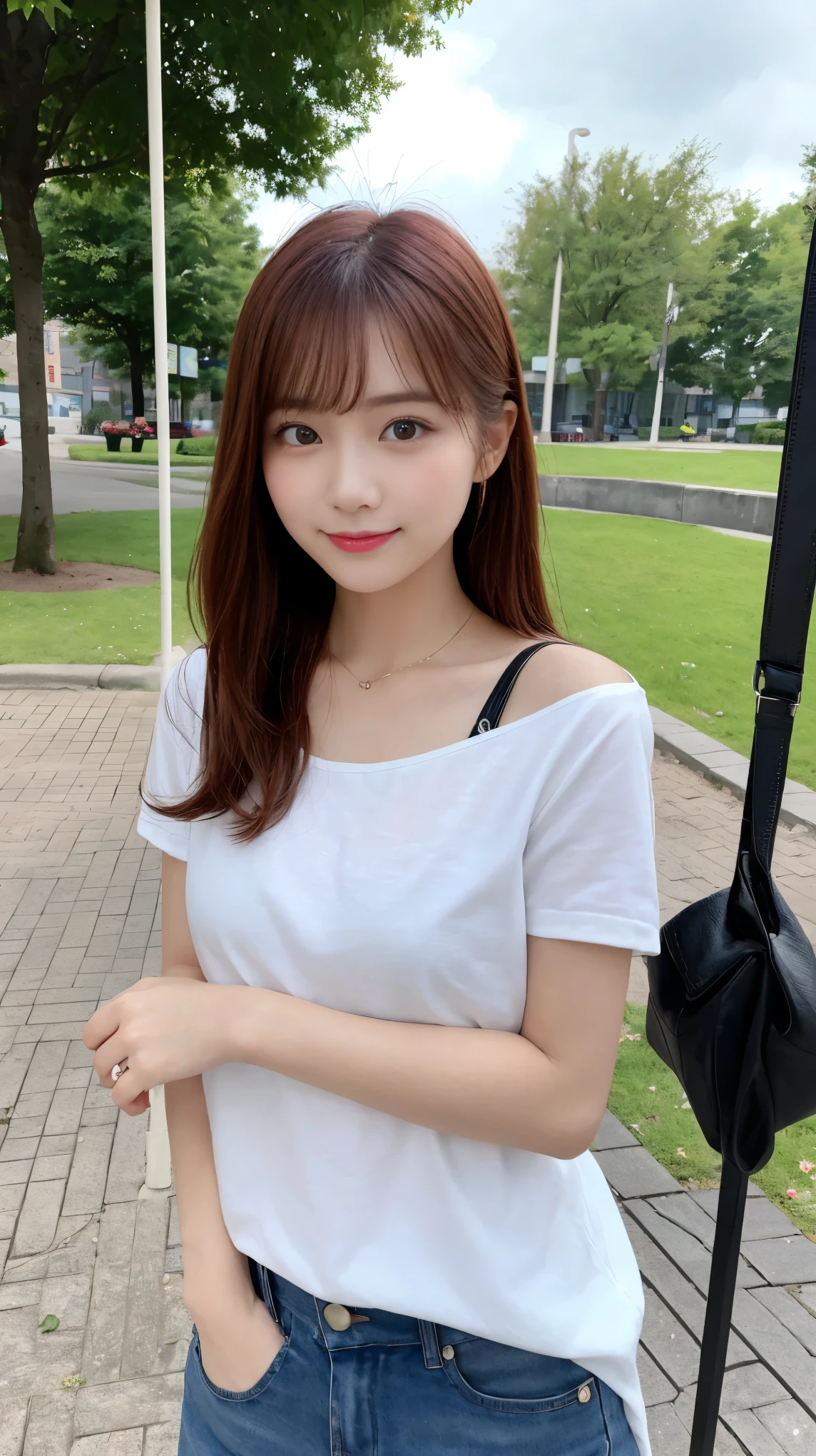Tabletop, highest quality, shape, Very detailed, finely, High resolution, 8k wallpaper, 完璧なダイナミックな構shape, Beautiful and exquisite,ランダムなcute髪,,Natural color lip, Bold sexy pose,smile、20-year-old girl、cute、Looking into the camera,Always blur the background,Perfect and beautiful face,Slim face and figure,Big eyes、Putting on gal makeup,Small face,Shooting from below、smile,Blurred Background,Elegant feminine face、Cyberpunk Fashion、Playing on the swings in the park