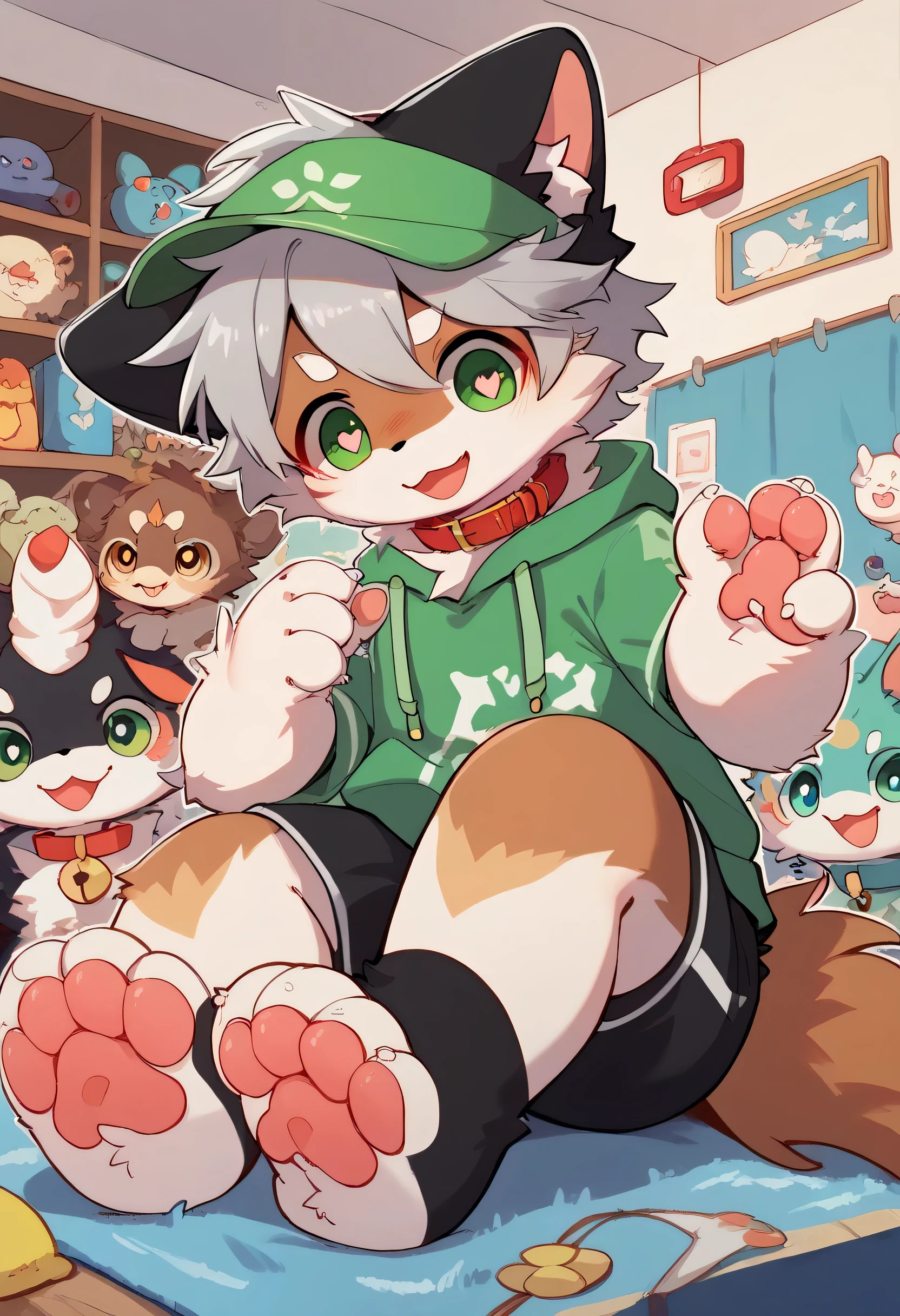  very detailedな, very detailed, brown fur gray hair ,,male,骨 を見てExcited,Heart Eyes,participate, green white and colored hat, cute face,Sitting！,Connect the collar to the leash ,,black ears , fluffy fur like one,Excited,Horny boy,Beautiful room, 's room ,Smiling face,Dropped ears, let's play with toys! my mental age is  ,Want, black shorts,green and white hoodie 