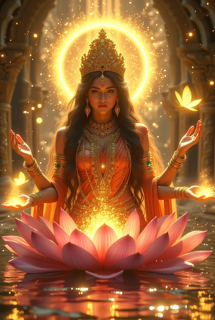 Create an intricate, hyper-realistic surreal illustration of the serene and resplendent Indian goddess Lakshmi, the embodiment of wealth and prosperity. Depict her seated gracefully on a fully bloomed, radiant pink lotus floating over calm, shimmering waters that reflect the golden hues of her divine aura. Her glowing, flawless skin radiates a soft golden light, symbolizing eternal abundance. She wears an exquisite saree in hues of rich crimson and gold, adorned with intricate embroidery resembling sacred lotus patterns.

Her four hands hold symbols of divine wealth and blessings—a golden pot overflowing with luminous coins, a blooming lotus, and gestures of granting boons and protection. Adorn her with ornate jewelry encrusted with emeralds, rubies, and diamonds that sparkle like starlight. Her crown, shaped like a lotus, gleams with celestial brilliance, and her flowing hair, dark as the night yet streaked with threads of gold, cascades elegantly down her back.

Surround her with a radiant halo of golden light, while the backdrop features an ethereal garden with blooming lotuses and cascading waterfalls of liquid gold. Tiny glowing butterflies and sparkles float around her, symbolizing the blessings she bestows. Add soft, swirling patterns of light and celestial energy, giving the illustration a dreamy, otherworldly feel that celebrates her grace and power.