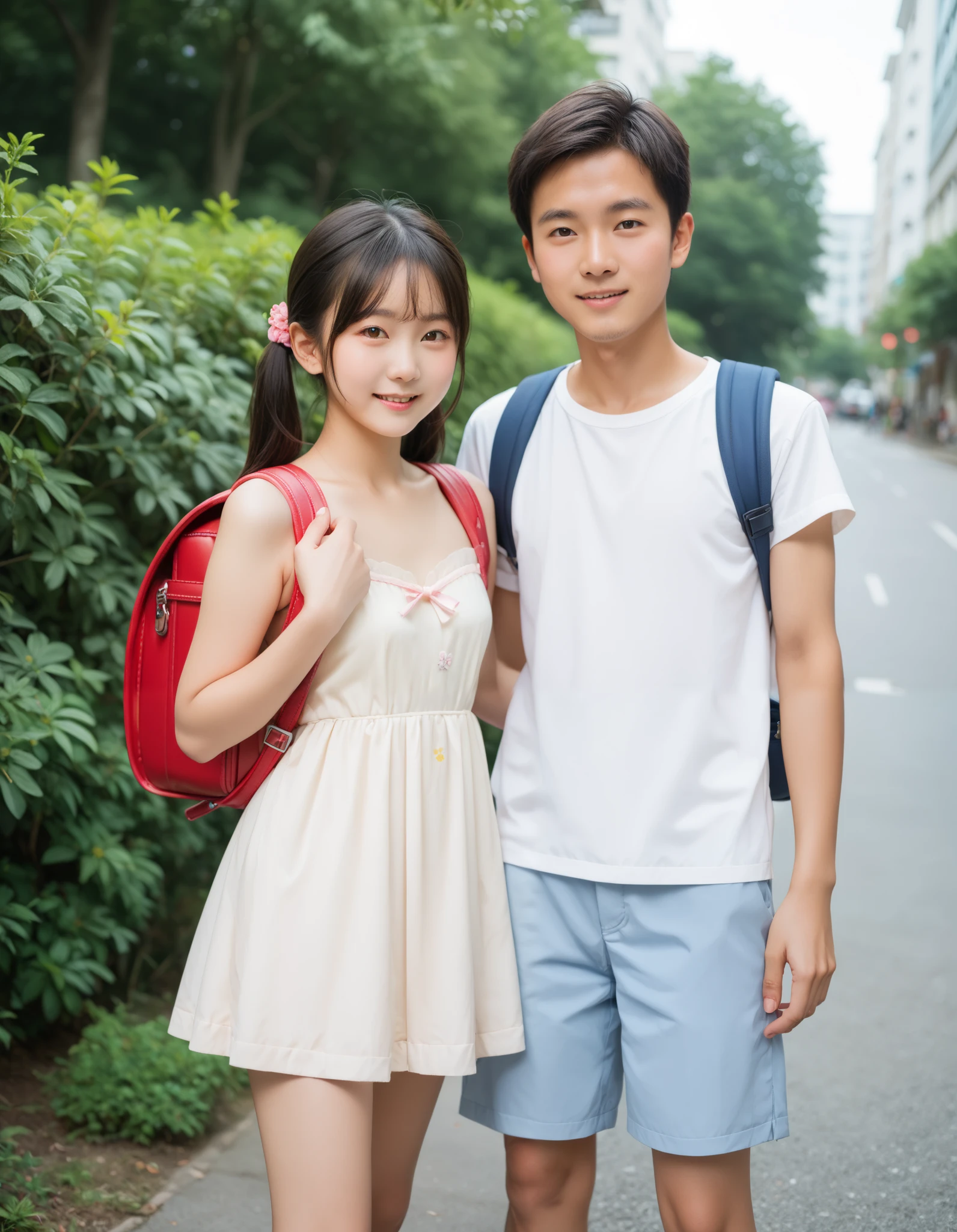 Masterpiece, hd, realistic, couple, 2 persons, 1boy, thing leg, Asian boy, cute kawaii boy, black straight hair and brown eyes, 1girl,(l1ttlegirl), short body, Slender body, small breasts, thing leg, Asian girl, kawaii portrait, cute kawaii girl, (l0li in dress), black twintail hair and brown eyes, wearing casual clothes, wearing Randoseru backpack, standing, outdoor