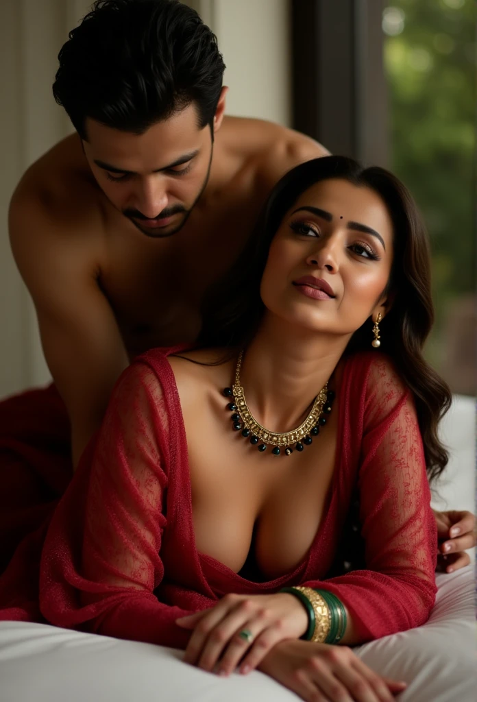 in a dimly light setting A naughty and curvaceous light neutral skin tone woman in transparent red sheer sari, ((woman face = character reference)) no blouse, no bra, bare breast and intricate jewelry glass green bangles and a red small bindi between her eyebrow's lady wearing a thin and long necklace is made of gold and has a long chain with black and gold beads. she is laying on her stomach on bed, she is facing camera, top of the lady is a man, man face not seen, shirtless, he is grabbing her breast, he is groping her breast, cinematic, cinematic lighting , from outside UHD, retina, masterpiece, accurate, anatomically correct, textured skin, super detail, high details, day time, in bedroom, large windoes, in a boutique hotel, hotel in bali, erotic mood, high quality, award winning, best quality, highres, 1080P, HD