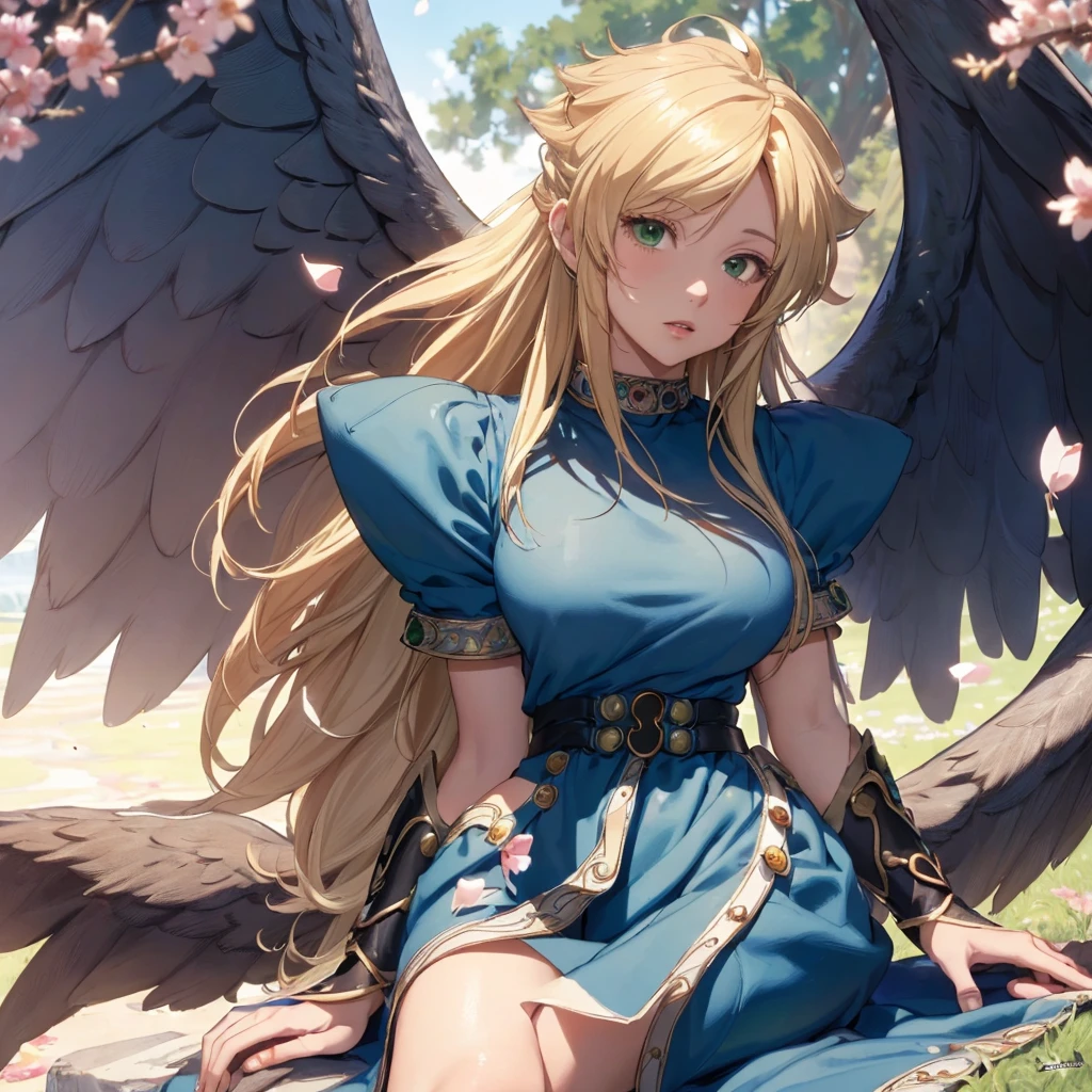 masterpiece, best quality, realistic lighting, 1girl, solo, Nima, (gold long hair), (black big feathered wings:1.3), (blue dress:1.3), sharp eyes, (vivid color), fantasy medieval coastal village, (depth of field:0.7), Dreamlike, (highres:1.2), (ultra-detailed:1.2), (extremely detailed CG unity 8k wallpaper:1.2), (traditional media), (sketch:1.1), finely detailed beautiful green eyes and detailed face, blonde hair, (flying petals:1.2), colorful, sitting legs cross pose, breath of fire 2, Nina, medium breasts, pale skin, (detailed eyes), cute, beauty, HDR, 4K, nier anime style, harmony, Nina, perfect anatomy, feminine hands, perfect legs