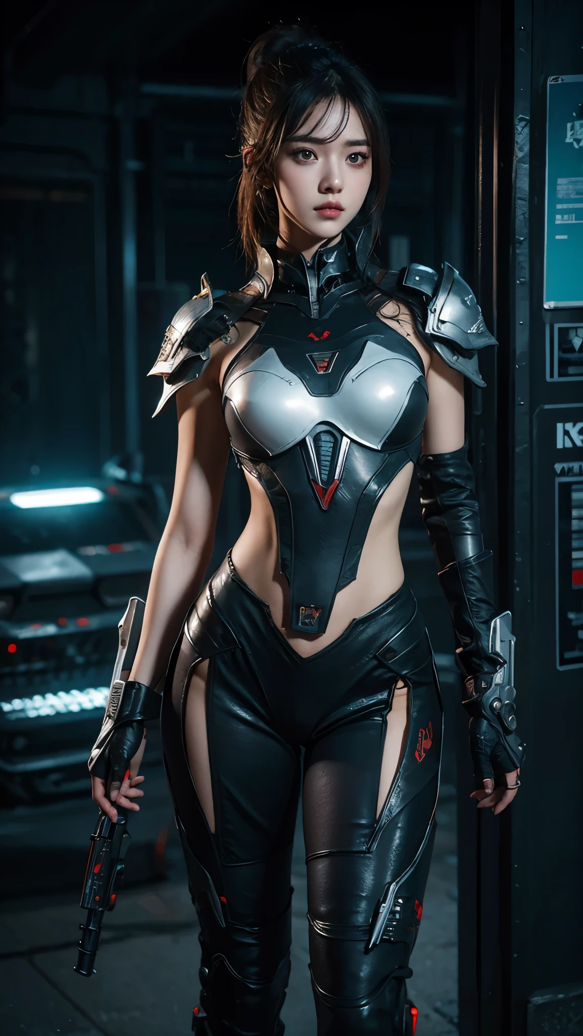 Beautiful Alluring Cyberpunk Samurai, pele nua, Well-toned athletic body, forma elegante, pele nua, Fora no Neon Palace, mal vestido, Beautiful Face, Smaurai-inspired bikini armor, mechanical limbs, Robotic parts on display, pele cromada, shiny neon pieces, japanese theme, tema cyberpunk, fiverr dnd personagem, octan render, arte digital, Detalhe extremo, 4k, Ultra HD |, polido, Beautiful, hiperdetalhado, intrincado, elaborar, meticuloso, fotorrealista, foco nítido, WLOP, design de personagens, Motor irreal, Volumetric lighting, reflexions, glossy, digital illustation, Posar, Suggestive Posar, lascivo, tiro de corpo inteiro, nu, Visible, detailed perfect hands