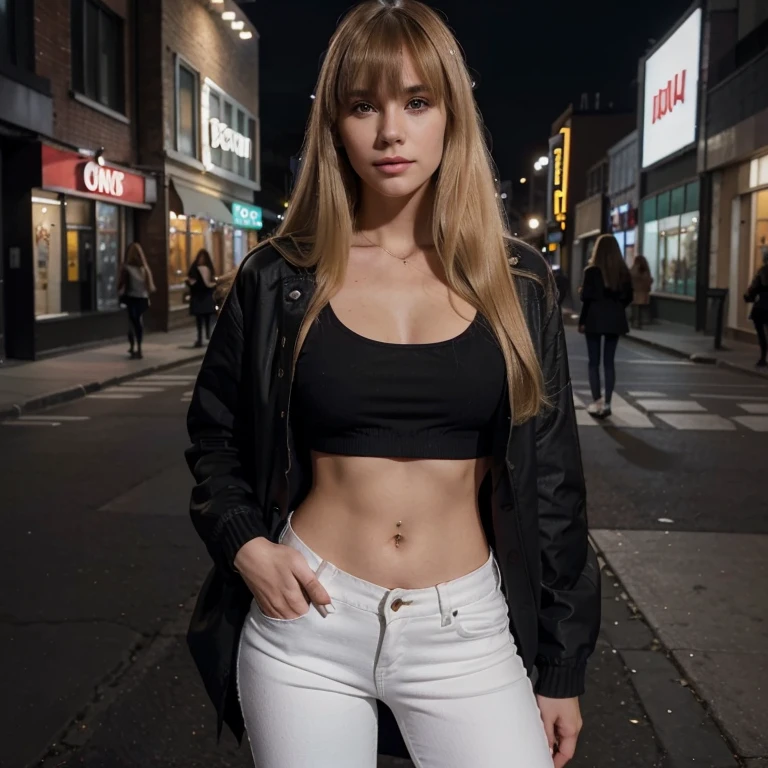 Woman, mid 20s, prostitute, slender, black hot pants, long blonde hair, cigarette in hand.