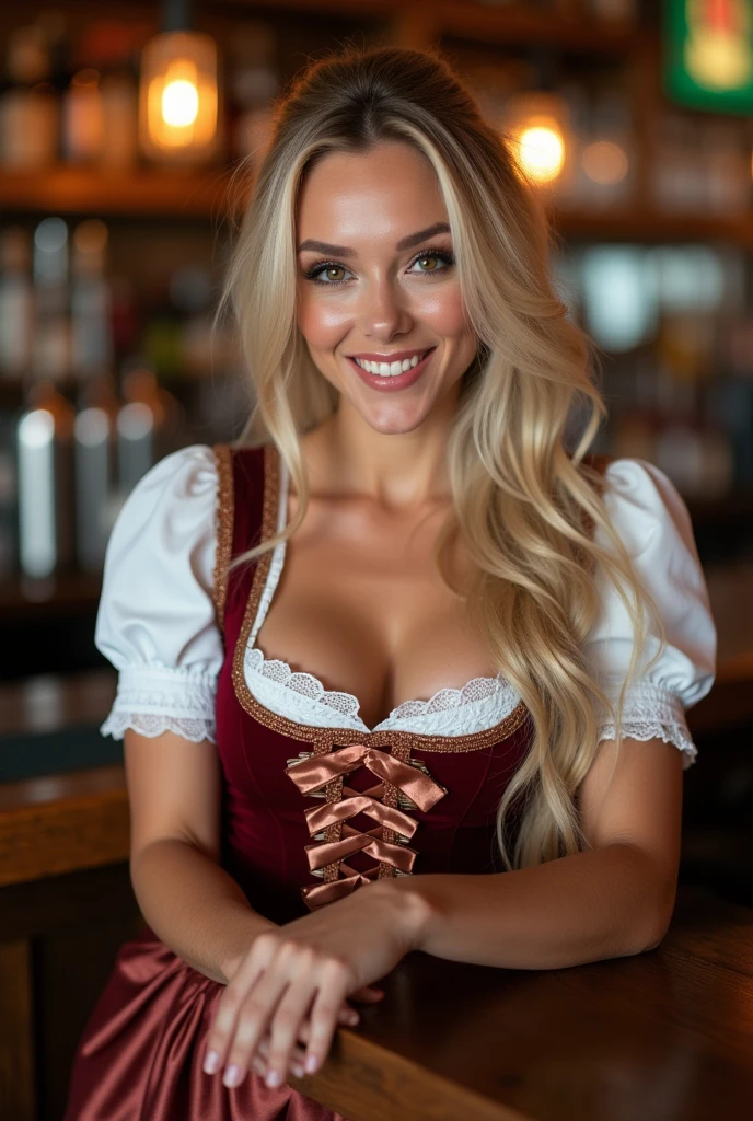 Realistic full body photo of a smiling blonde woman with long hair, She dances in front of the camera in a red dirndl with a golden satin apron, Fine fabrics, Park,glamour fotoshooting, Wedding celebration, perfect anatomy, perfect blue eyes. Perfect hands with 5 fingers on each hand, Matching girl, look into the camera, 1 Frau. (Eye make up:1.1), (highly detailed skin:1.1), spirit, analog style, keen focus, 8K UHD, dslr, good quality, Fujifilm XT3, Grain, Award-winning, masterpiece. oktoberfest
