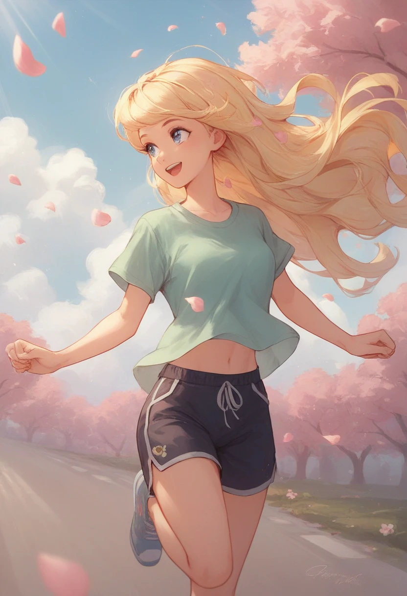 A girl with long hair is jogging, wearing shorts and a short-sleeved T-shirt, running lightly in the wind, her smile is lovely, flower petals dance in the spring breeze, drawn from the front to give a sense of speed, 8K quality, animation