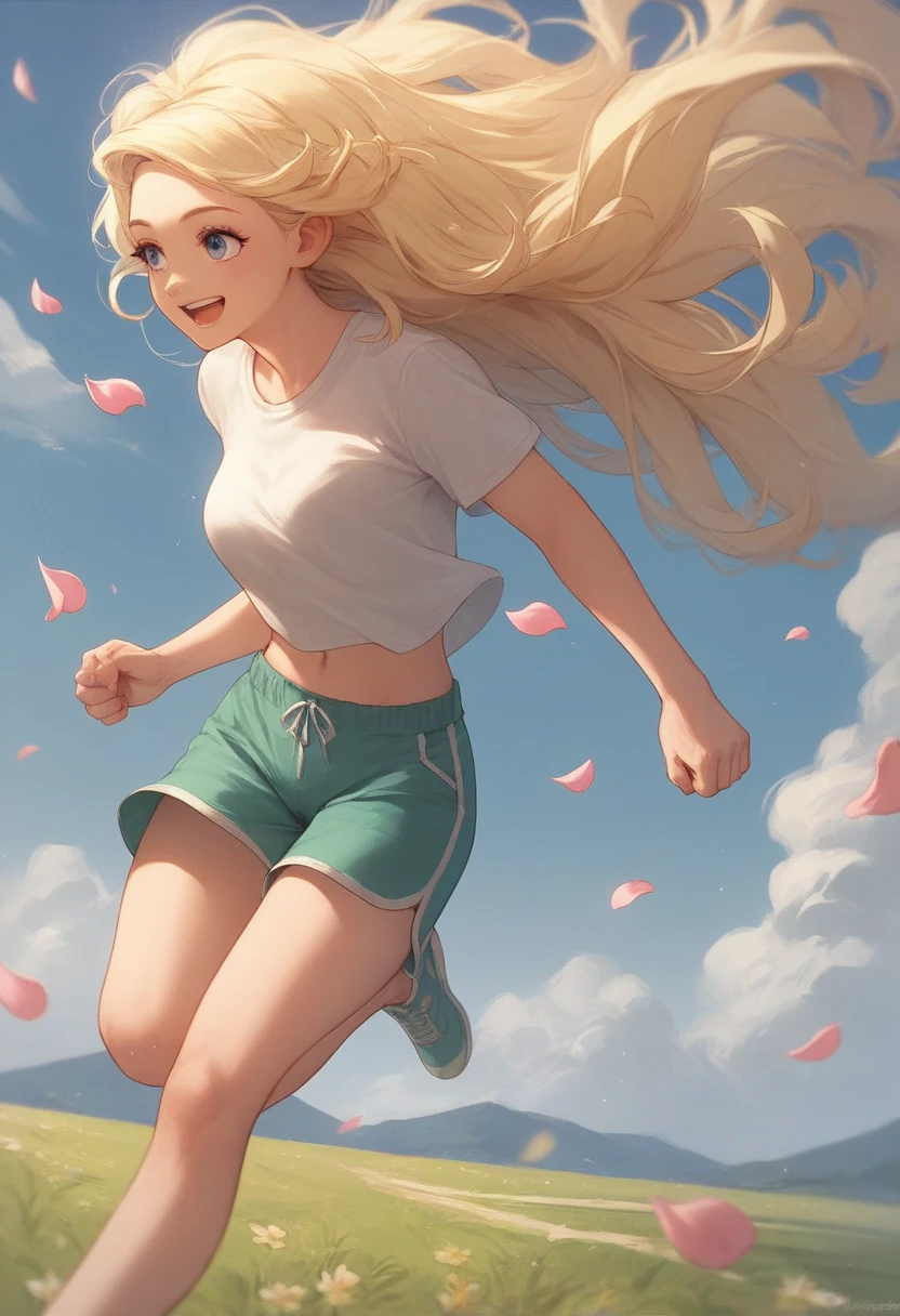 A girl with long hair is jogging, wearing shorts and a short-sleeved T-shirt, running lightly in the wind, her smile is lovely, flower petals dance in the spring breeze, drawn from the front to give a sense of speed, 8K quality, animation