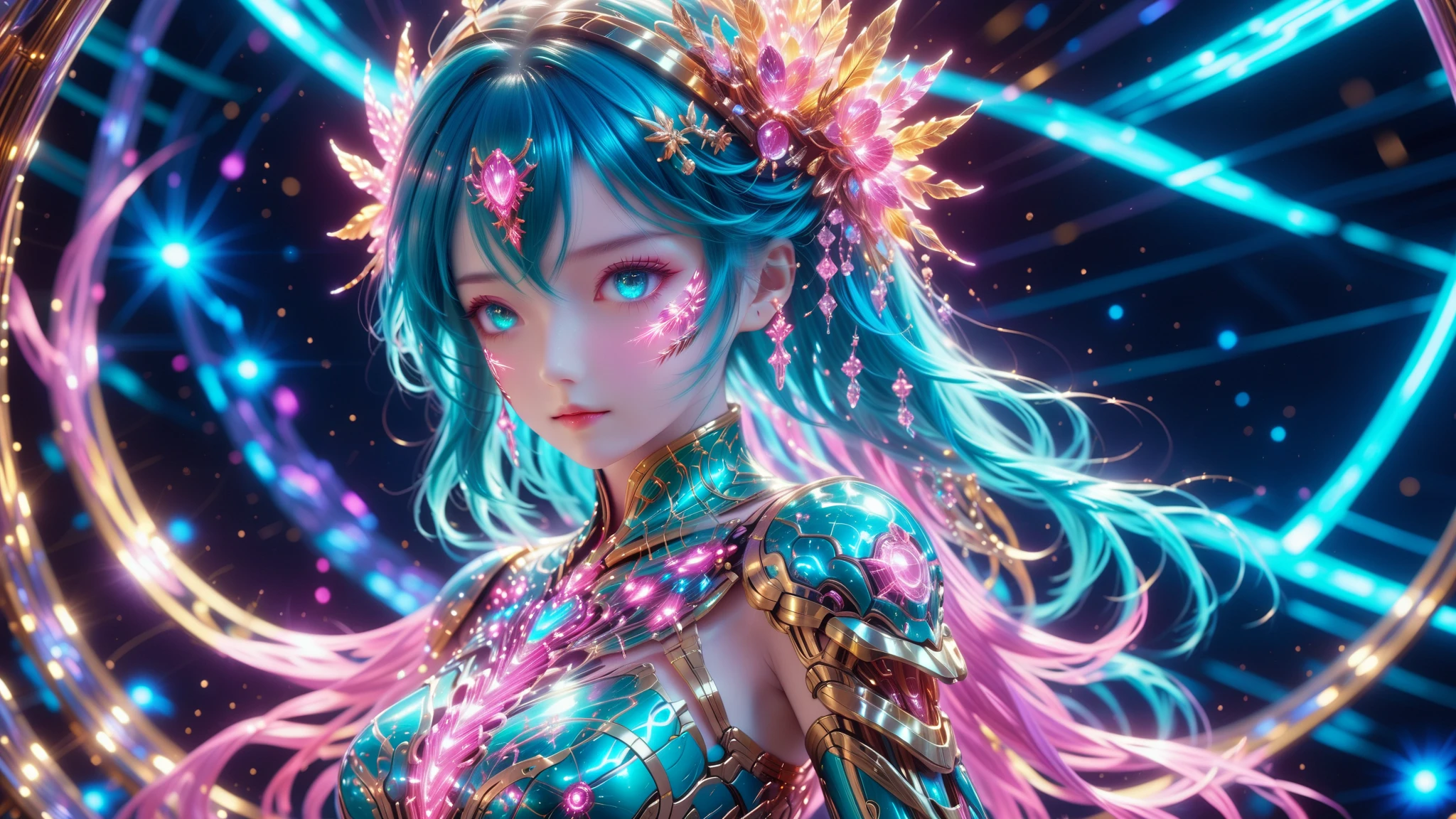 A Masterpiece In 32K Resolution, Supreme Quality, Super Detail, Official Art, Very High-Resolution 32K Wallpaper, Beautiful And Aesthetic, Ultra-Detailed Features, Awe-Inspiring Detail. A Stunning Anime Magical Girl In The Midst Of A Transformation Sequence, With Futuristic Tech-Based Armor Forming Around Her. The Scene Features Vibrant Glow Effects In Pink, Gold, And Teal, Floating Digital Particles Surrounding Her, And A Futuristic Laboratory Background With Holographic Screens.