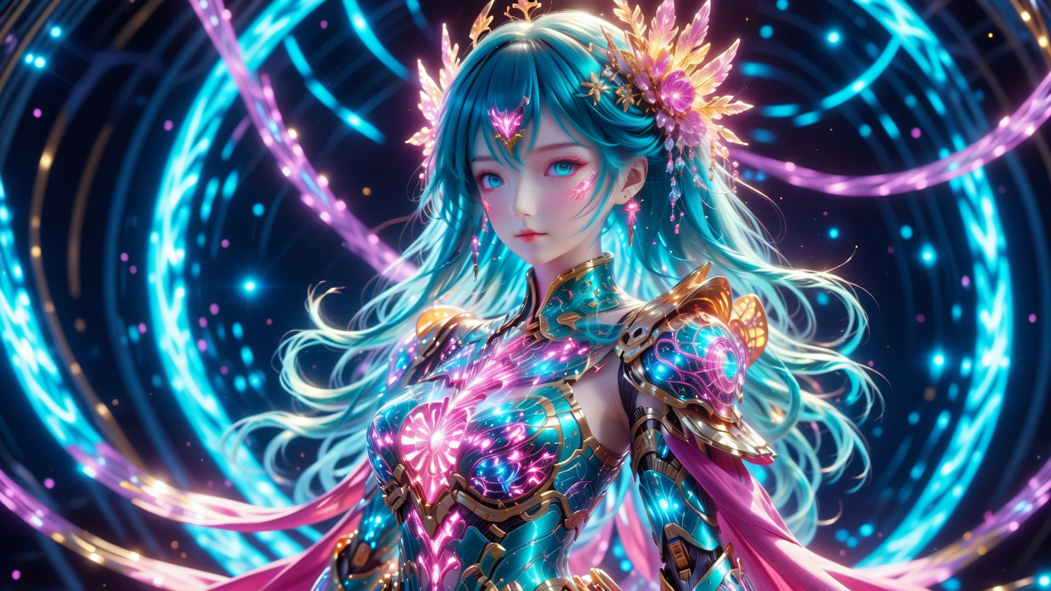 A Masterpiece In 32K Resolution, Supreme Quality, Super Detail, Official Art, Very High-Resolution 32K Wallpaper, Beautiful And Aesthetic, Ultra-Detailed Features, Awe-Inspiring Detail. A Stunning Anime Magical Girl In The Midst Of A Transformation Sequence, With Futuristic Tech-Based Armor Forming Around Her. The Scene Features Vibrant Glow Effects In Pink, Gold, And Teal, Floating Digital Particles Surrounding Her, And A Futuristic Laboratory Background With Holographic Screens.