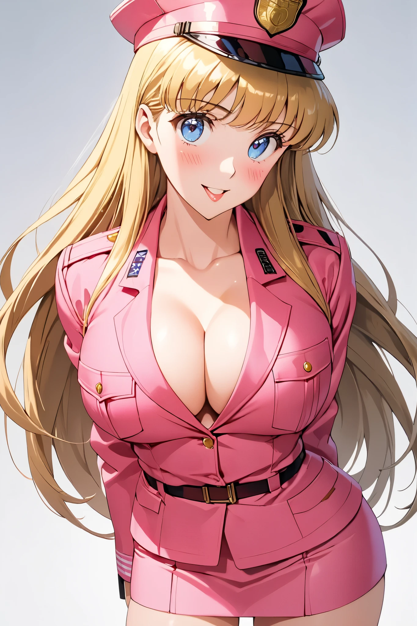 masterpiece, BestQuality, High resolution,16k,official art,super detailed skin,detailed,animated painting,(Akimoto Reiko),1990s \(style\),(G-cup beautiful breasts)、 (tall:1.2),height: 175cm,Fashion model body type、clevage, Sexy long legs,(pink police costume,pink mini skirt:1.2),blondy,long hair,blue eyes,Muscular、1girl,solo,nsfw,sexy,light smile,shy,blush,(vulgarity:1.3)、(Ahegao:1.3),Anime-style painting style,Close up on upper body,Cinematic lighting,Superfine,Seductively Posing,dynamic angle,extreme closeup shot,(simple white background)