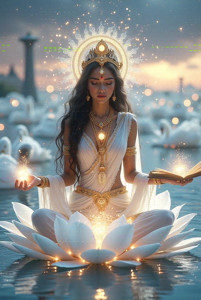 Create an intricate, hyper-realistic surreal illustration of the divine and graceful Indian goddess Saraswati. Depict her seated on a pristine, glowing white lotus floating on tranquil, crystal-clear waters. Her radiant, ivory skin glows with a soft, celestial light, exuding purity and wisdom. She wears a delicate, flowing white saree trimmed with golden accents, shimmering like moonlight. Her hair, long and jet black, cascades down her back in soft waves, adorned with garlands of fragrant jasmine flowers.

Her four hands hold symbols of knowledge and creativity—a luminous veena, a sacred scripture, a crystal mala, and a gesture of blessing. Adorn her with subtle yet exquisite jewelry, featuring pearls and diamonds that gleam softly against her serene presence. A golden crown with a crescent moon rests on her head, radiating a gentle aura of intellect and creativity.

The backdrop is an ethereal, twilight sky blending hues of lavender, pale blue, and silver, with faint constellations sparkling above. Surround her with swans gliding gracefully in the water, their reflections glowing like a dream. Subtle patterns of sacred geometry and glowing symbols of wisdom and art flow around her, adding to the mystique. Incorporate glowing wisps of light and floating lotus petals to enhance the divine, peaceful atmosphere, capturing her role as the ultimate muse and guide to enlightenment.