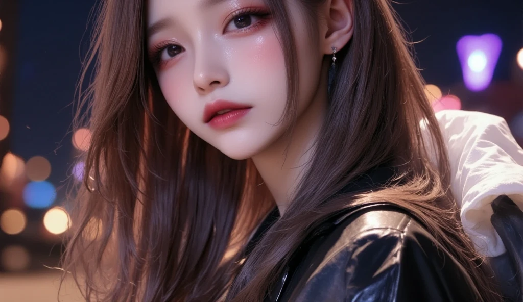  In professional realistic photo style, a young woman wearing a black shirt is wearing Korean makeup and looking straight ahead, The background is blurry at night and can be seen up to the waist  ,   The image is full of professional photographic realism at full resolution ,