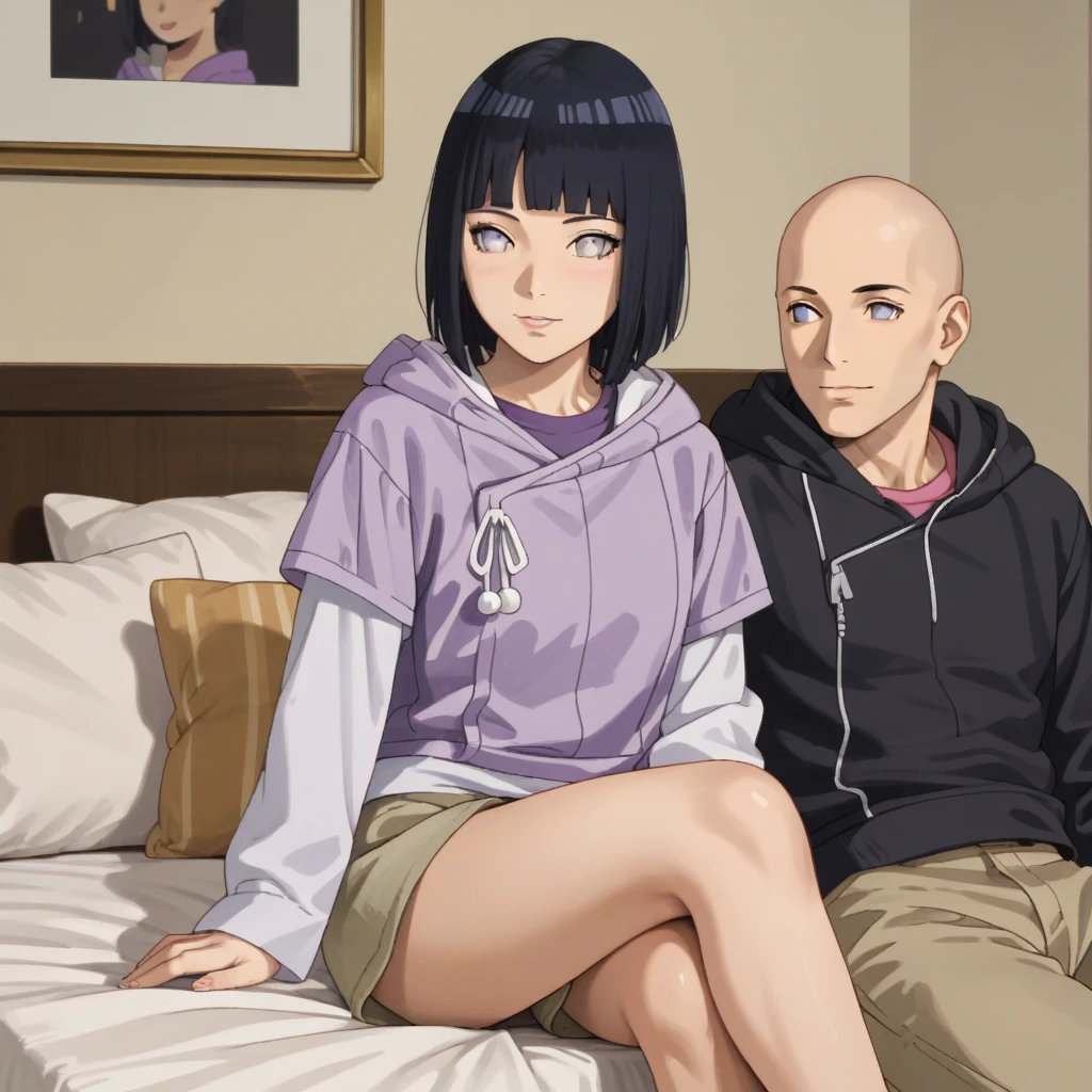 HinataBoruto, 1girl, hyuuga hinata, short hair, black hair, hood down, blunt bangs, purple eyes, short over long sleeves, layered sleeves, skirt, shorts, hoodie, bed, purple shirt, cowboy shot. 1boy, bald_boy, black shirt size_difference, bigger male, smaller female, sitting on side, 