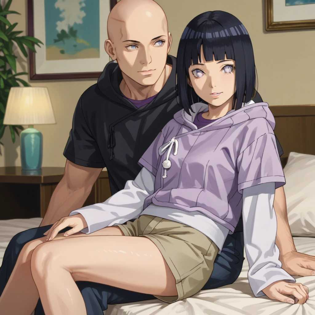 HinataBoruto, 1girl, hyuuga hinata, short hair, black hair, hood down, blunt bangs, purple eyes, short over long sleeves, layered sleeves, skirt, shorts, hoodie, bed, purple shirt, cowboy shot. 1boy, bald_boy, black shirt size_difference, bigger male, smaller female, sitting on side, 