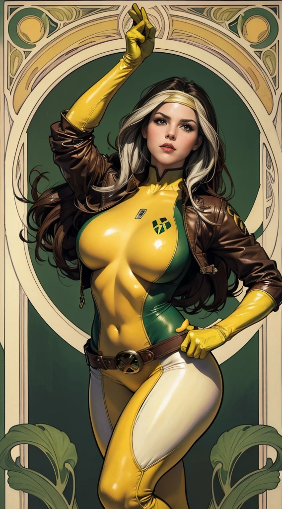 (masterpiece:1.0), (best_quality:1.2), Classic Rogue, 1991 Rogue X-Men, 1 girl, Only 1, full body view, medium length hair, brown hair, wavy hair, messy hair, one lock of white hair, green eyes, mischievous look, smirking, fit figure, curvy figure, medium breasts, lipstick, makeup, jacket, green headband, belt, yellow gloves, skin tight bodysuit, open jacket, light source from above, (realism: 1.5), (Realistic: 1.4), (Absurdity:1.4), 8k, ultra-detailed, Detailed Beautiful Woman, (Art Nouveau style), influence by John William Waterhouse and Alphons Mucha, circles, banners, background colors: green, gold, yellow, white, beige