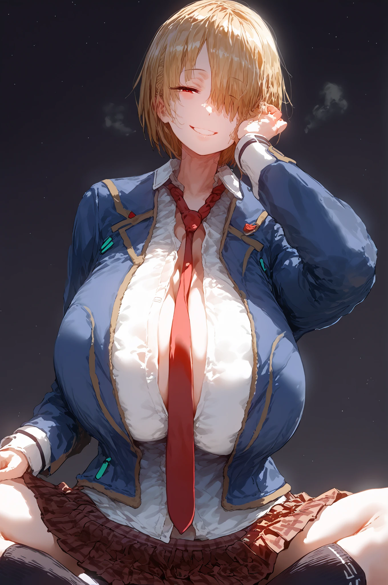 center view, throw, looking at viewer,  black background, solo focus,, a girl ,1person, expressive, Expressive, tall women, steamy, 1girl, half-closed eyes,  school uniform,  blazer,  blue jacket ,  white shirt,  ties,  brown miniskirt,  pleated skirt ,  plaid skirt, Black socks, Blonde,  short hair,  red eye , Hair covering one eye,, smile,
 1 girl, Improve, 1 person,  gigantic breast, sagging breast,   huge breasts,  huge breasts,  score_9_up,  score_8_up,  score_7_up, masterpiece,  are extremely beautiful, 