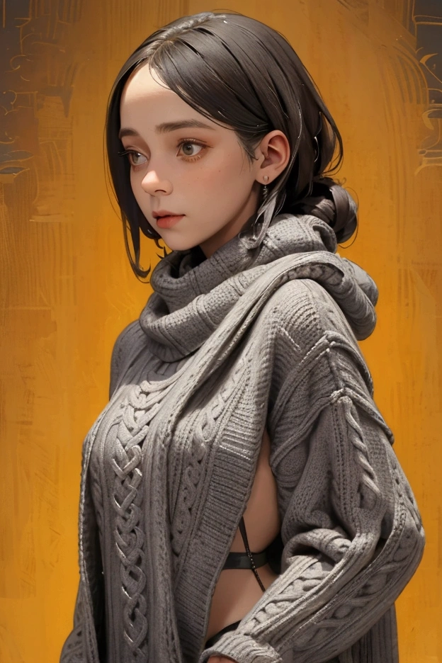 ((Full body portrait)), woman wearing a large grey knitted scarf over her head, Matija Jama , Trending on Tumblr , Baroque,  wearing a sweater, Interesting outfits, Clothing Details,  wearing a sweater , Detailed clothing,  Texture Details ,  layered texture ,  visible T-back strap  ,  Grey Sweater , In layering、 with fine details,  detailed style , Beautiful texture,  Big Details 
