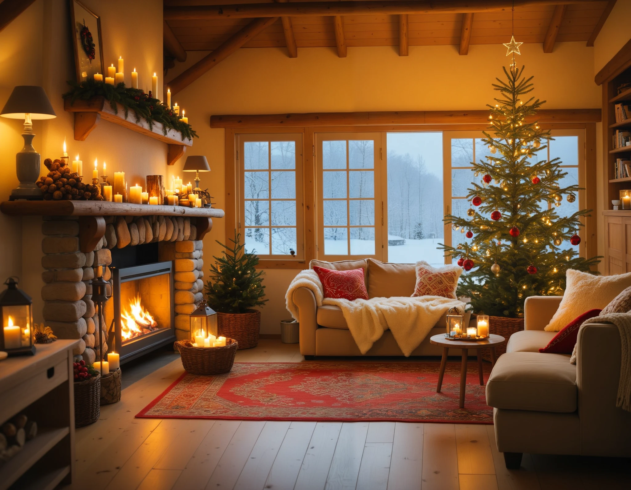 クリスマスツリーと暖炉のある、 cozy living room , シャッター stock,  Christmas Night,  stock,  Comfortable environment ,  cozy home background ,  cozy atmosphere , Cozy place,  cozy living room のインテリア, A pleasant and enchanting scene, Warm Interior , Winter Scenery,  Cozy and Peaceful Atmosphere ,  cozy atmosphere ,  A warm and fun atmosphere , Photo Stills, Holiday atmosphere,  warm living room