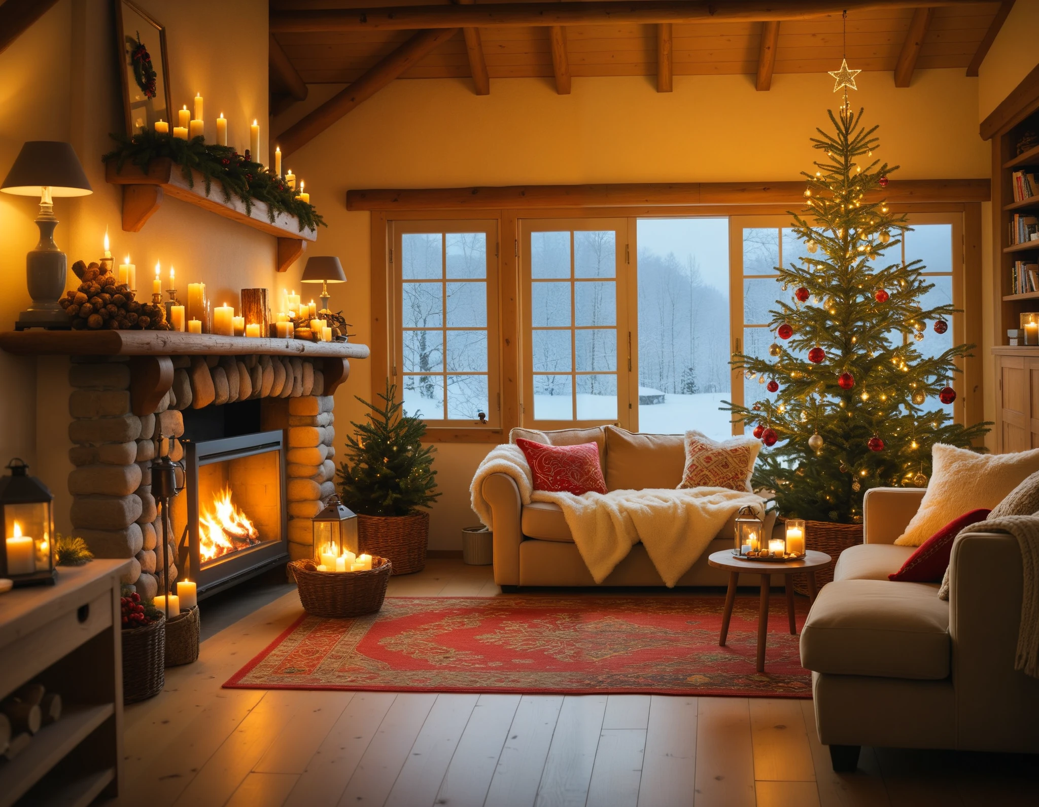 クリスマスツリーと暖炉のある、 cozy living room , シャッター stock,  Christmas Night,  stock,  Comfortable environment ,  cozy home background ,  cozy atmosphere , Cozy place,  cozy living room のインテリア, A pleasant and enchanting scene, Warm Interior , Winter Scenery,  Cozy and Peaceful Atmosphere ,  cozy atmosphere ,  A warm and fun atmosphere , Photo Stills, Holiday atmosphere,  warm living room