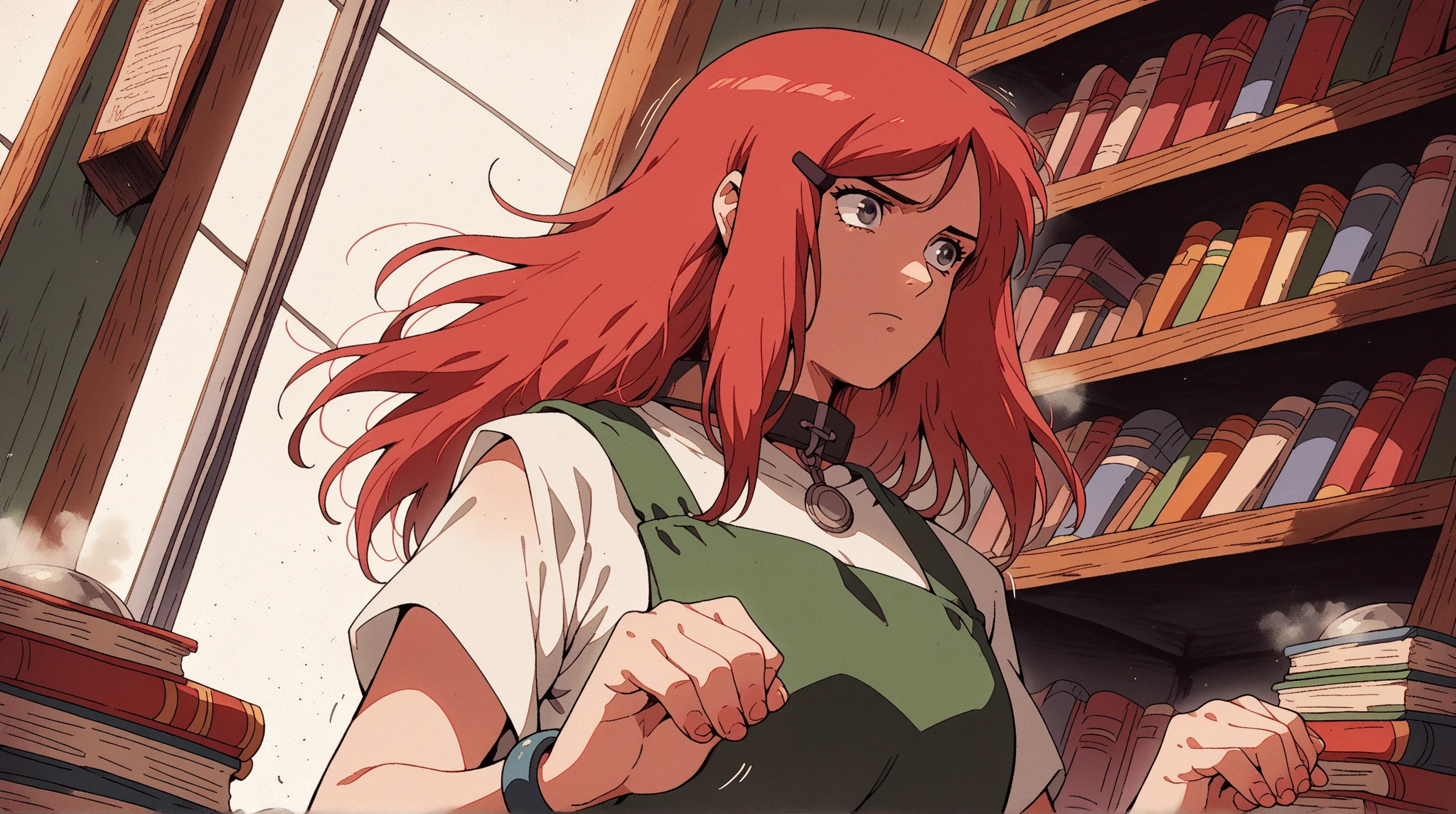 score_9, score_8_consolation, score_7_consolation, sauce_ Japanese cartoon movie , Kushina ,  long hair, headdress, Red hair,  hair clip , Gray eyes,  frayed bangs ,   big boobs,, shirt, dress, bijouterie, white shirt, Short sleeves, apron, bracelet, green apron, collar,, Bookstore, Exploring books ,  new book smell,  favorite ,  serene atmosphere , , ,  shaking hands , Alone,,  cowboy shot ,  Dutch angle 