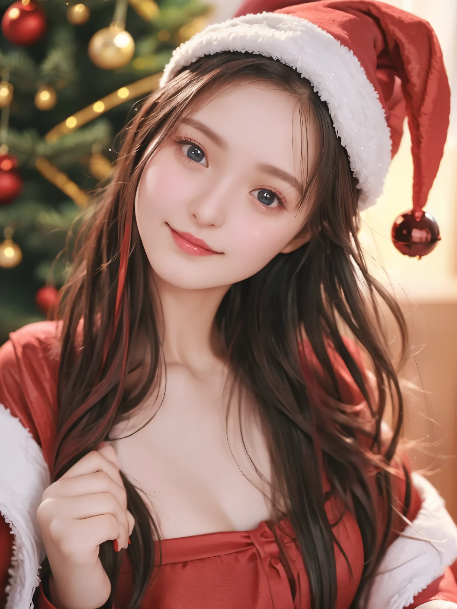 top quality、 super high resolution 、(Photographically: 1.4)、 beautiful eyes、 very beautiful 、 shiny hair 、Thin hair、 Merry Christmas 、 Christmas tree、smile、(( red Santa Claus costume 、Santa hat、Forehead))