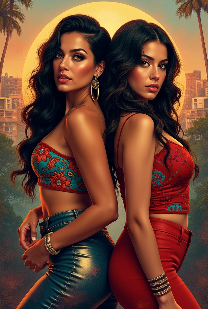 Photograph of a group of two beautiful Brazilian girls in bikinis in a favela in Brazil, full body, faces made up, brown eyes, small tattoos, traffic in the background, straight black hair, nearby yacht. Camera: Sony a7 III, Lens: Sony FE 70-200mm f/4 G OSS, Aperture: f/11, Shutter speed: 1/400s, ISO: 400, Focus mode: Continuous, Image stabilization: On, White balance: Auto, Metering mode: Multisegment, Exposure compensation: 0, Flash: Off, Angle: Full body angle, Composition: Rule of thirds, Background: Blurred, Depth of field: Shallow, Tripod: No, File format: RAW.