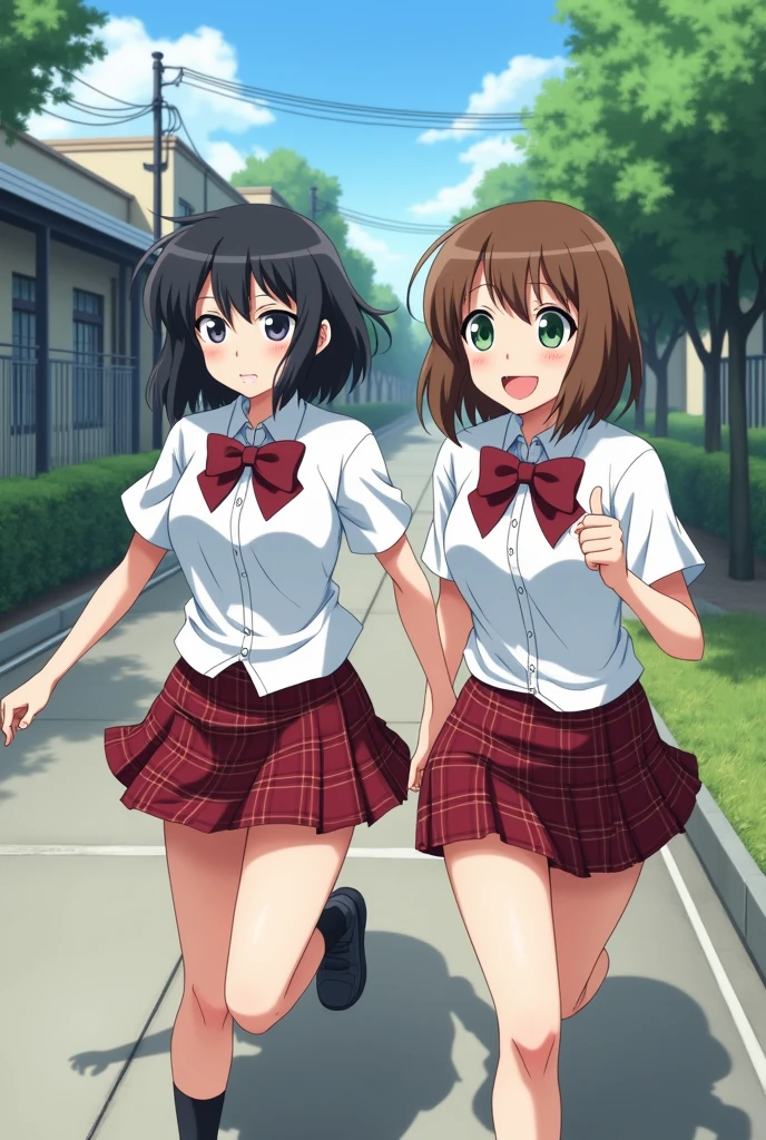 (2 girls) Yukinoshita Yukino , (Yukinoshita Yukino white lace panties). Yuigahama Yui ,(Yuigahama Yui&#39;Pink lace pants), Cherry-blossom viewing, uniform,,(black blazer),shirt,Yuigahama Yui has big breasts,Yuigahama Yui opens her mouth,(check skirt:1.0)),((shiny panties)),(pin up),squat,thighs,knees,calf,white socks,pink sneakers,whole body,smile,from the front,high quality